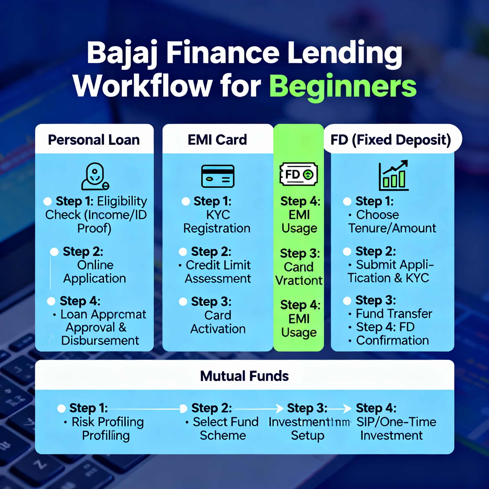 Bajaj Finance: Best Guide for Beginners (2025) 2 Diagram: Bajaj Finance main product workflow for beginners – personal loan, EMI card, FD, mutual funds