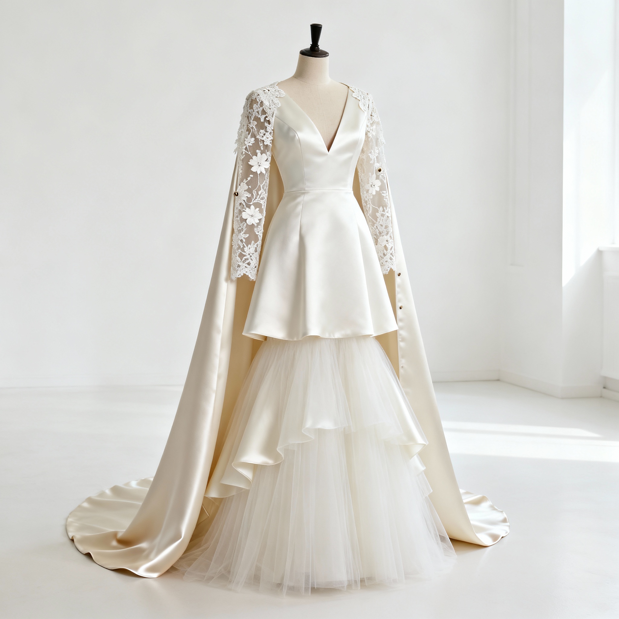 Versatile wedding dress with detachable elements for multiple looks