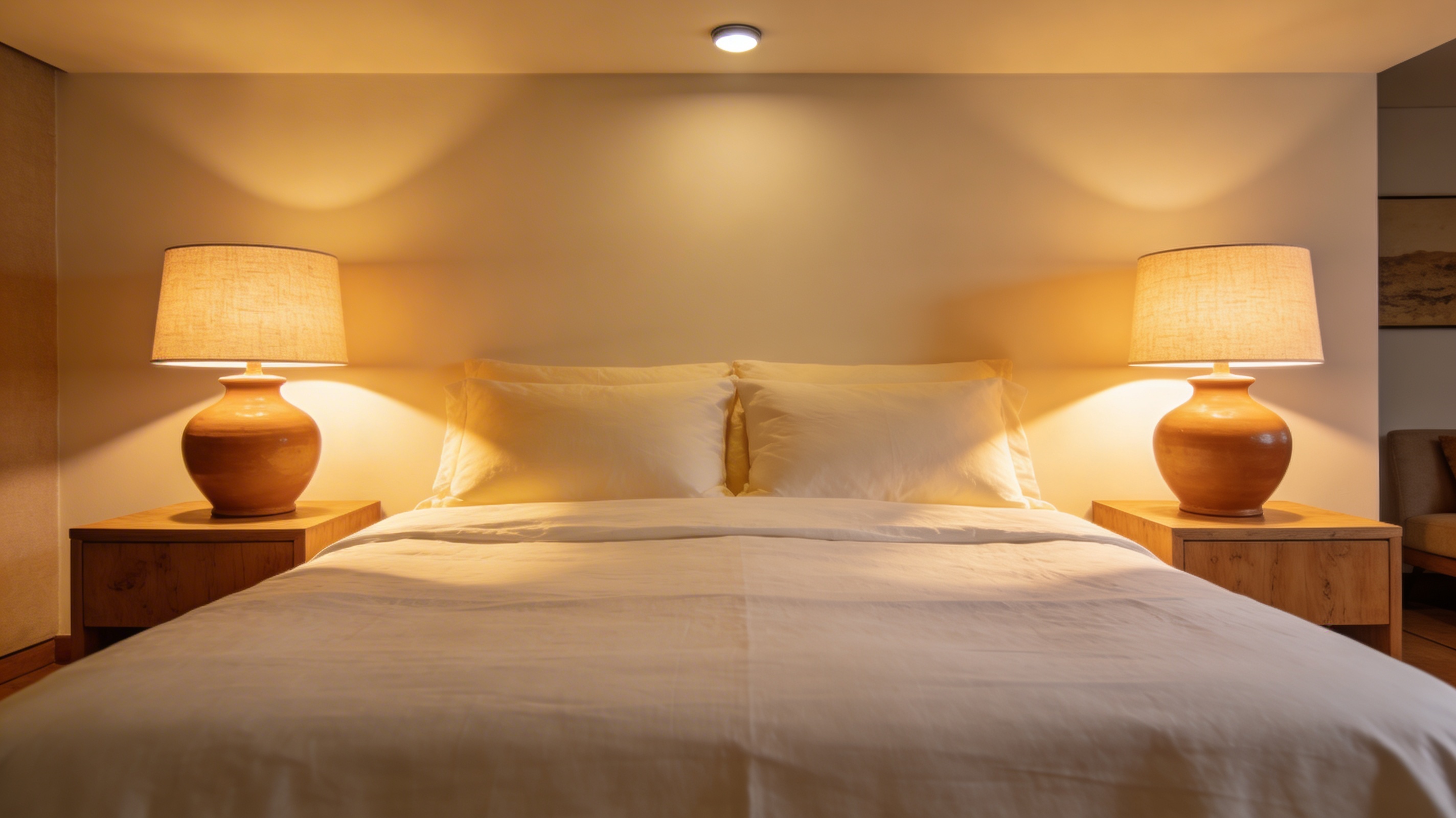 A cozy bedroom with warm bedside lamps on nightstands providing soft 2700K light ideal for winding down and reading at night