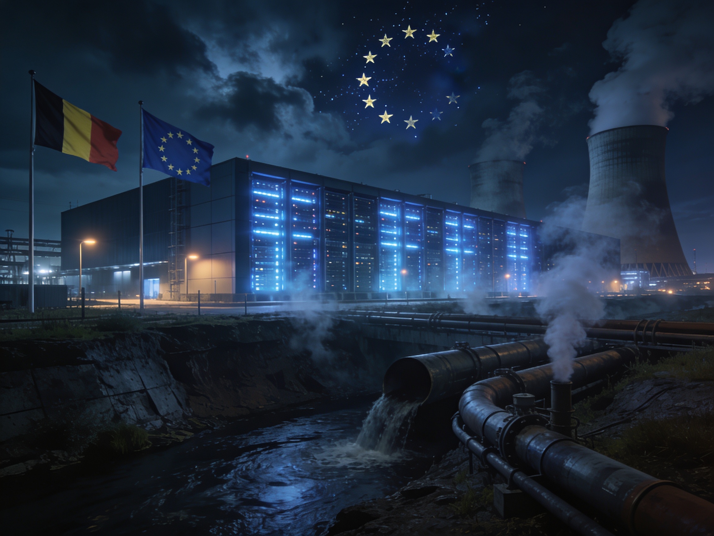 Data center at night with cooling towers