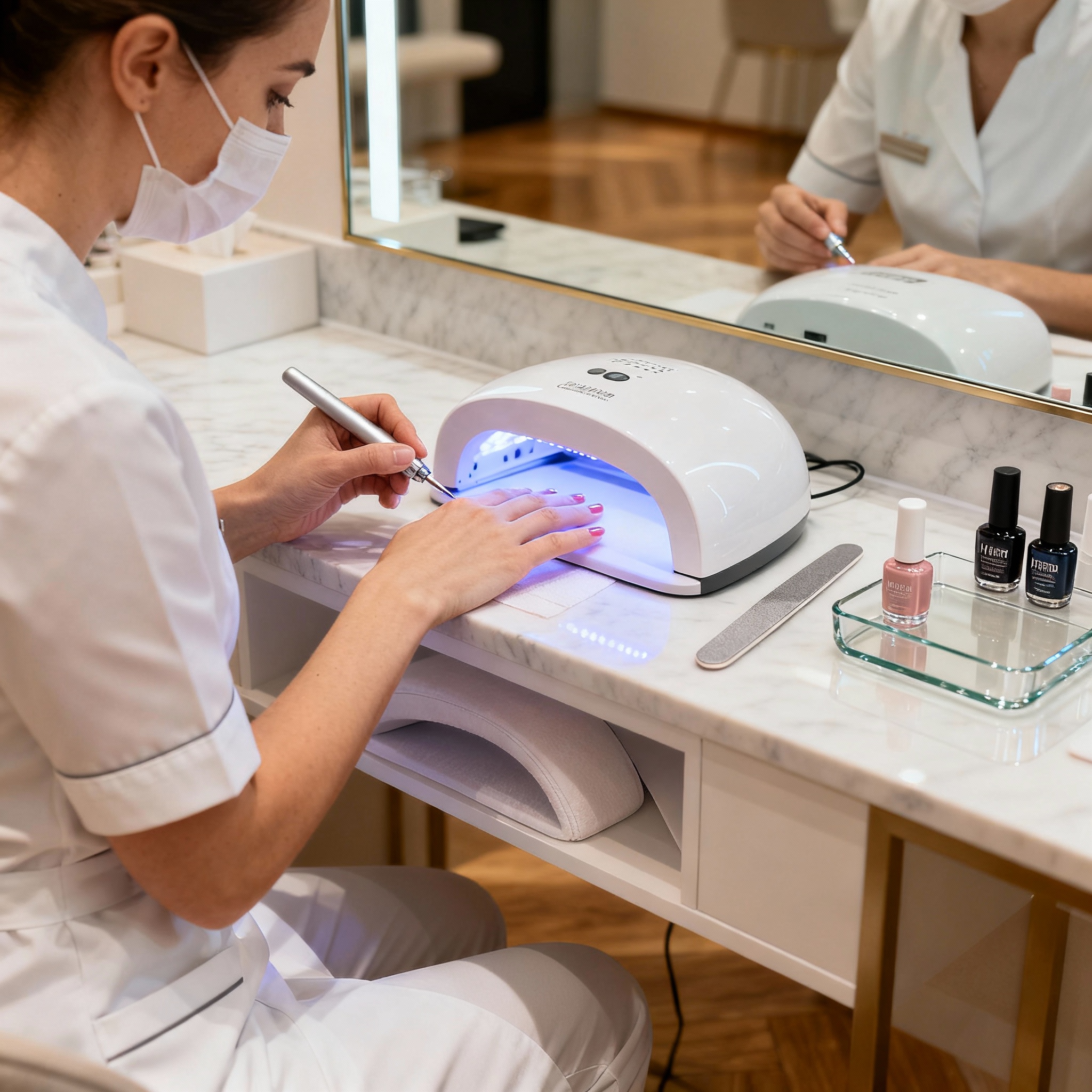 Profesjonalna stylistka wykonująca manicure hybrydowy w nowoczesnym salonie