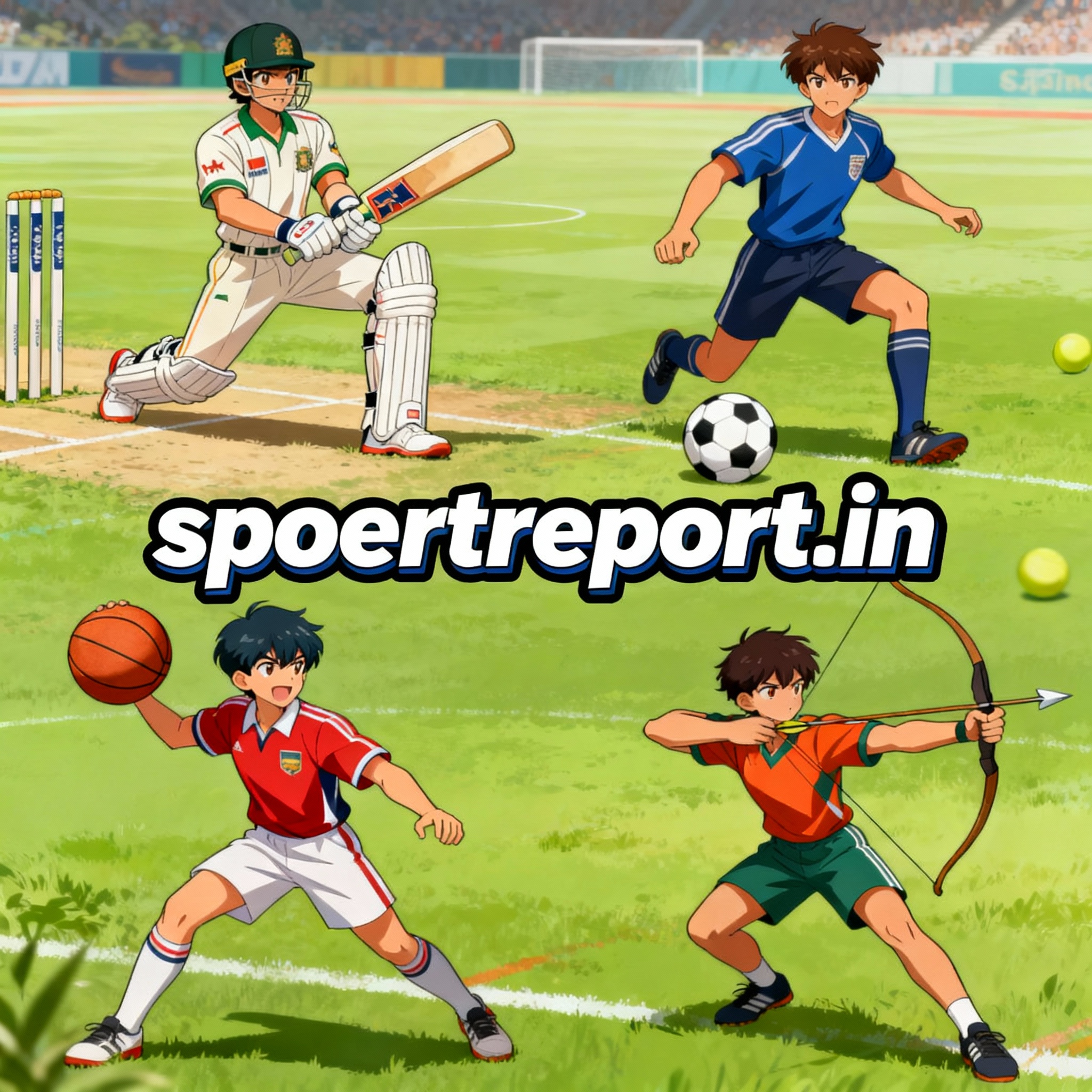 Anime poster for spoertreport.in with bold unique domain name font and sports anime characters.