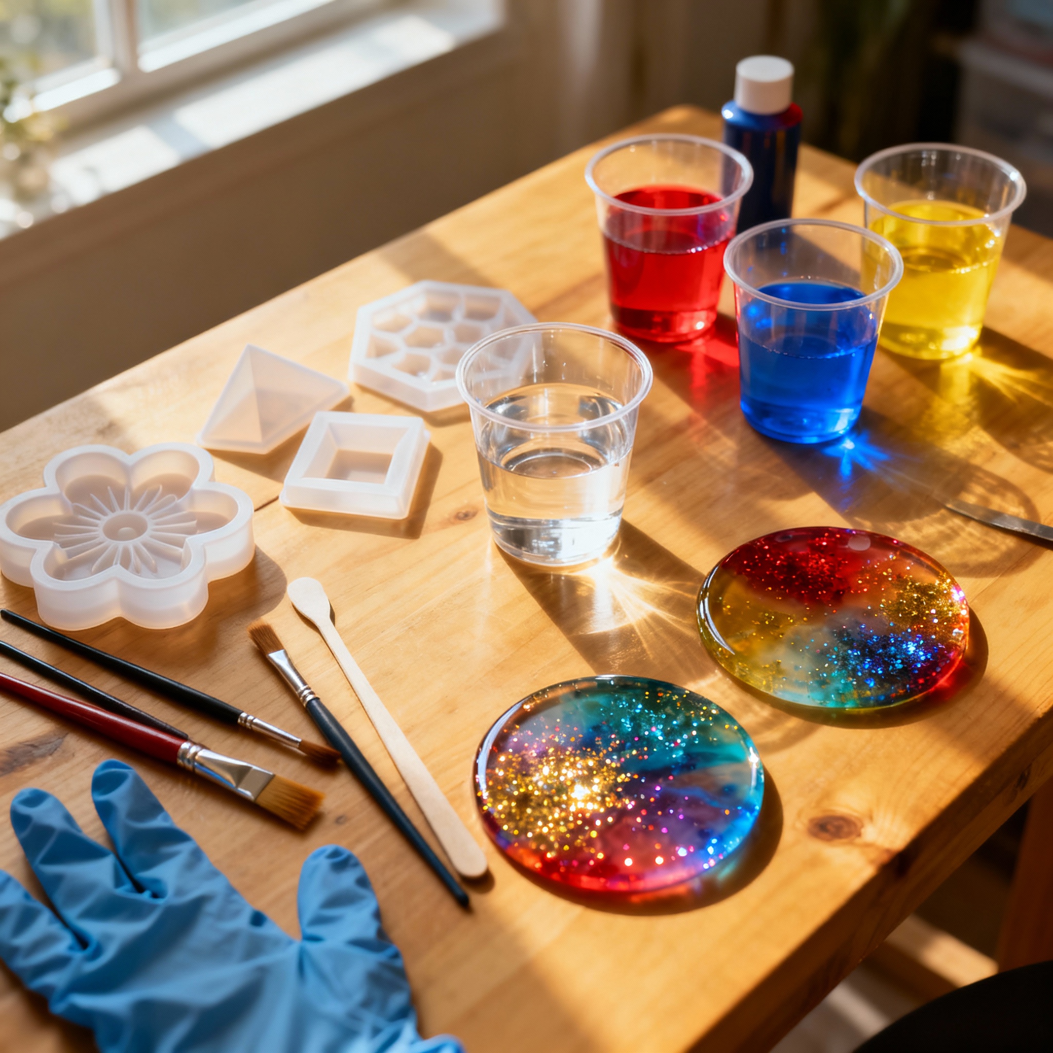 Manualidades con resina en mesa de trabajo