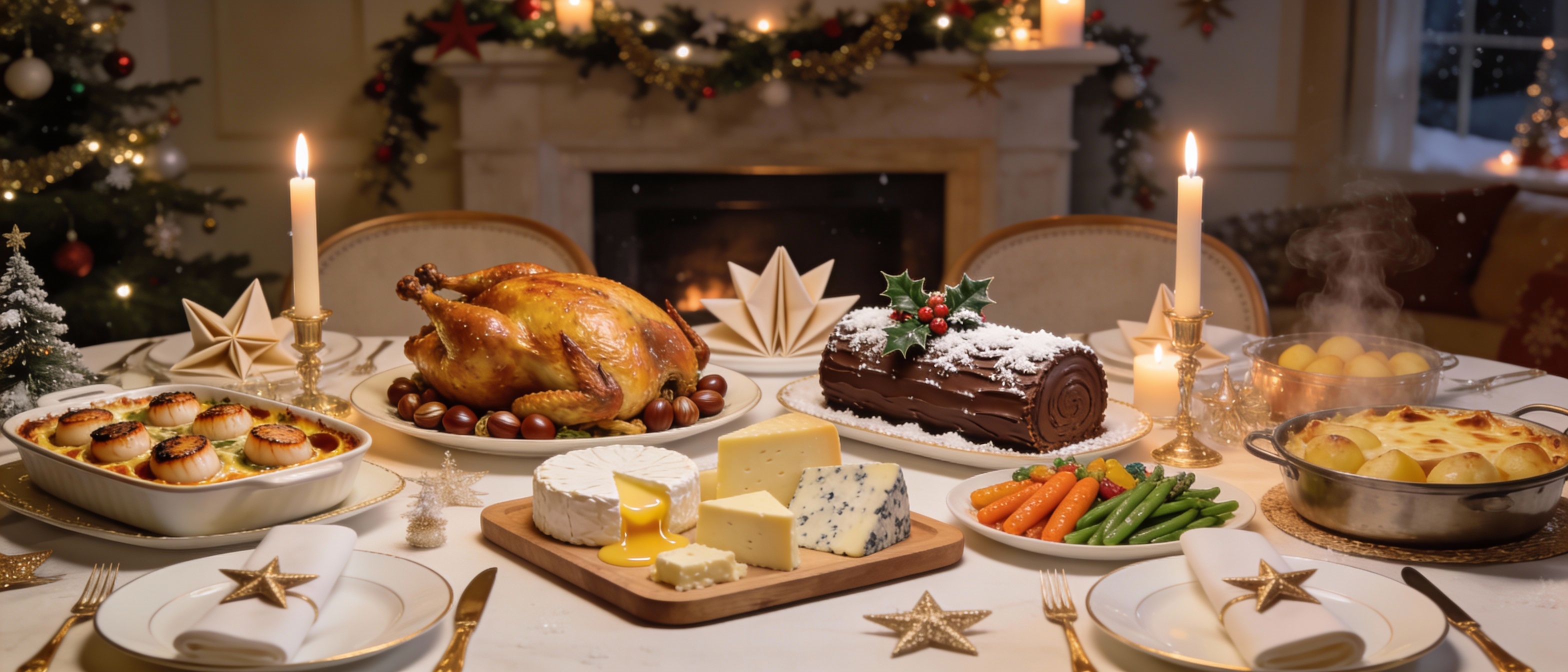 Table de Noël avec plats traditionnels français servis.