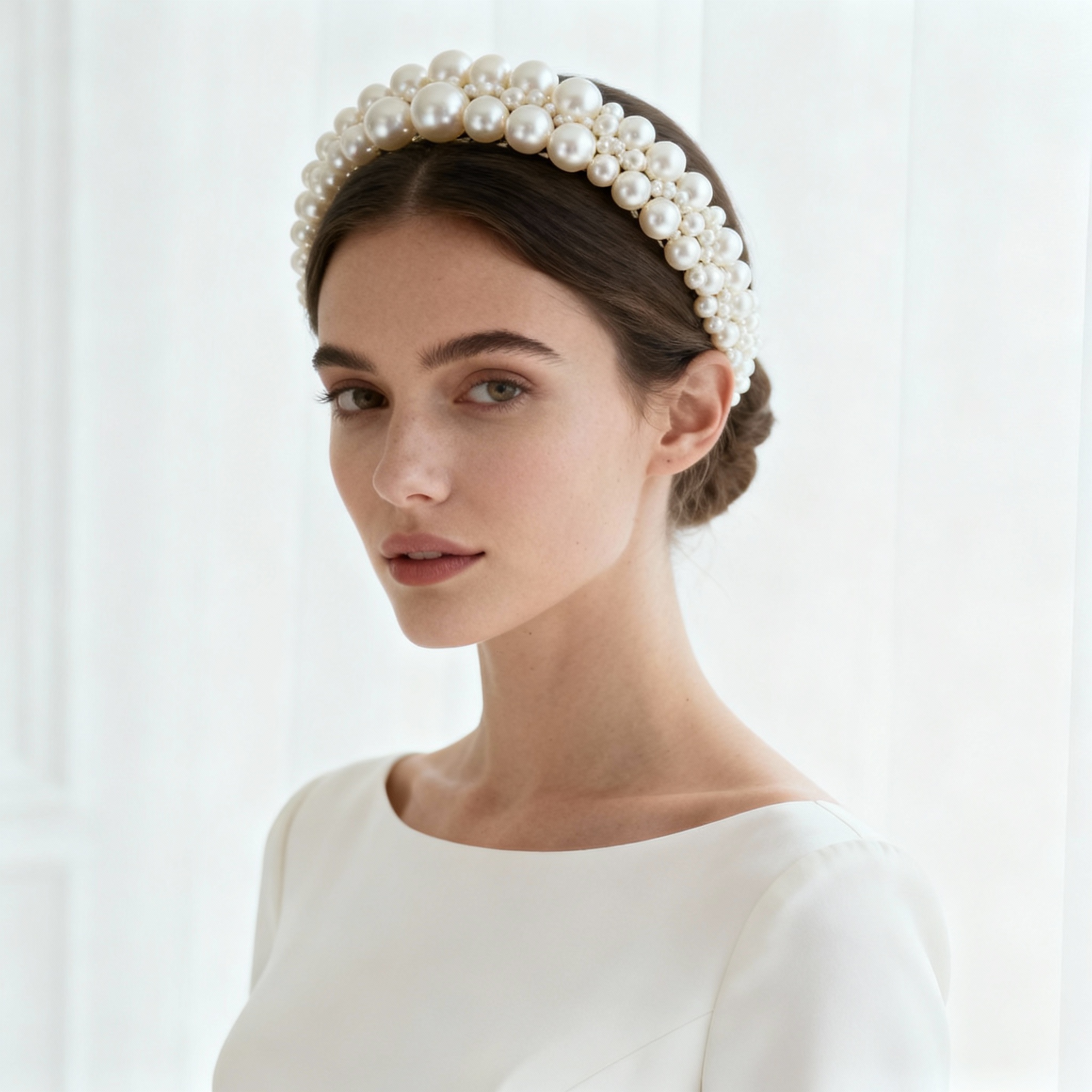 Modern bride with oversized pearl headband minimalist wedding gown 2026