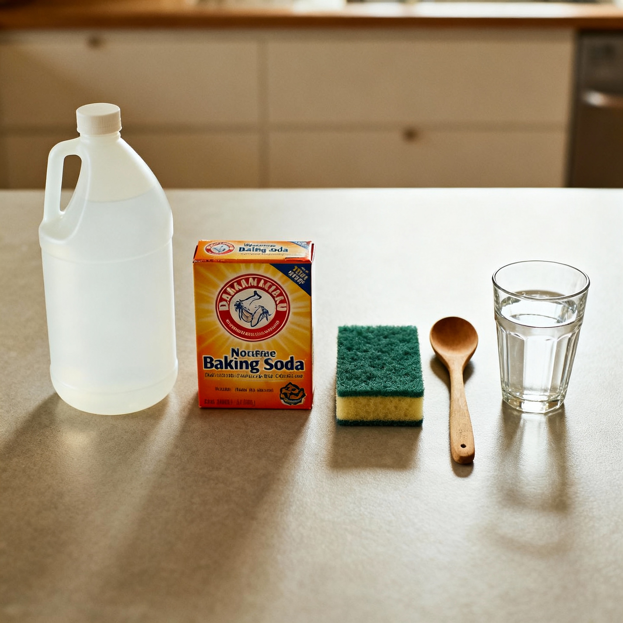 Cleaning supplies needed: vinegar, baking soda, sponge, and wooden spoon