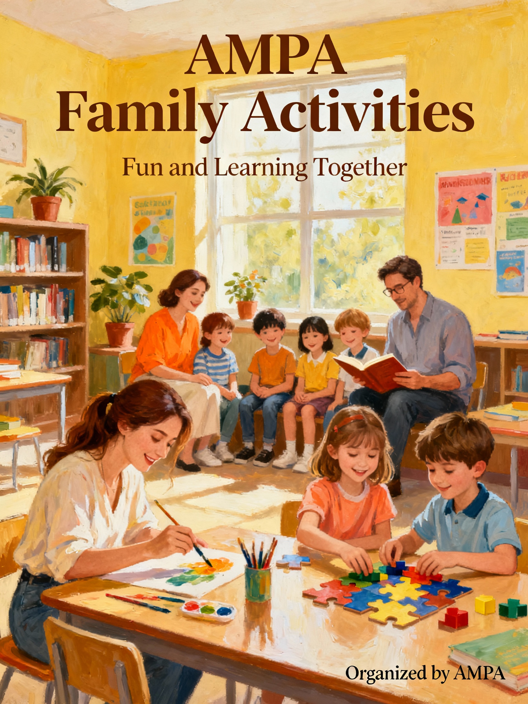 Dibujo al óleo de una sala escolar con cartel de AMPA, padres y niños alegres organizando actividades.