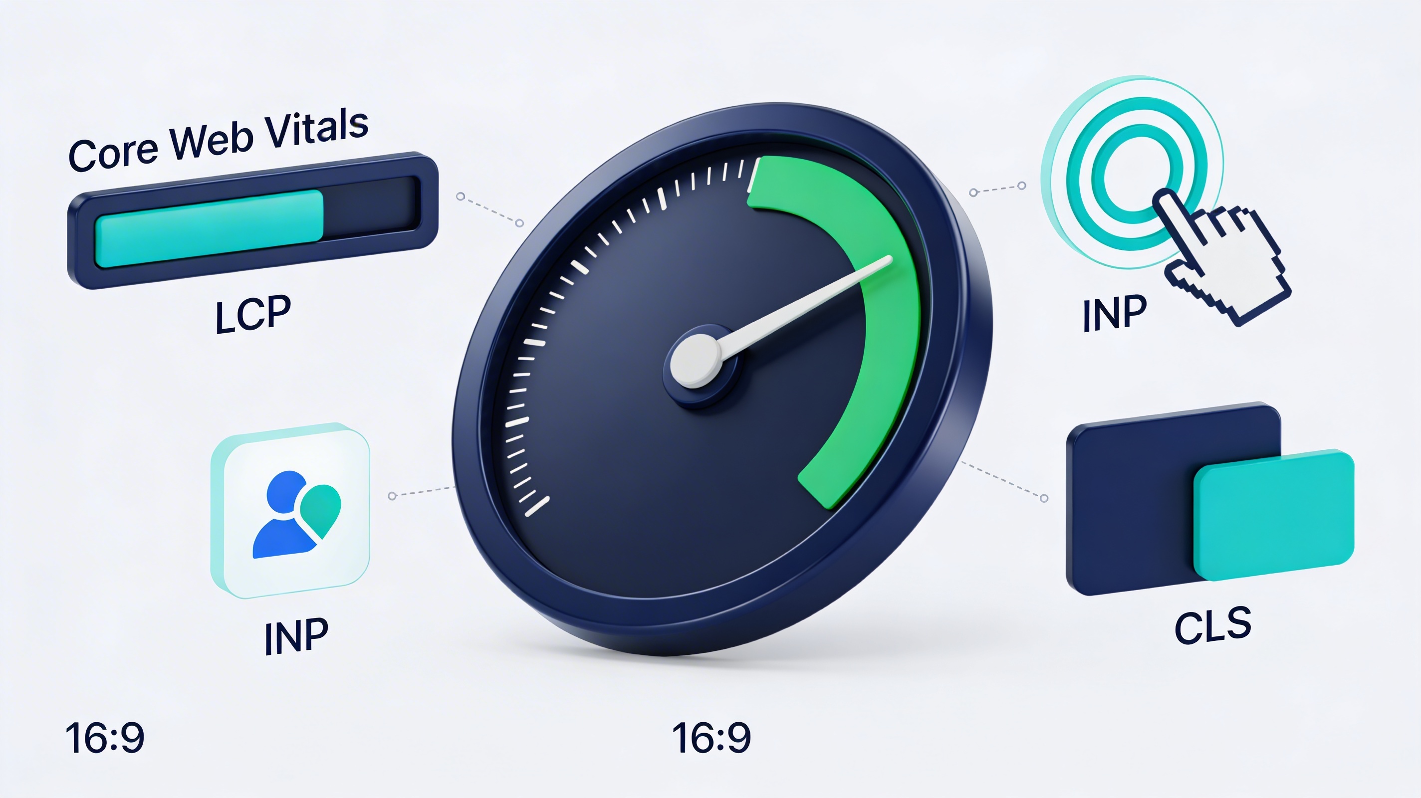 Website speed and Core Web Vitals performance optimization gauge showing fast load times