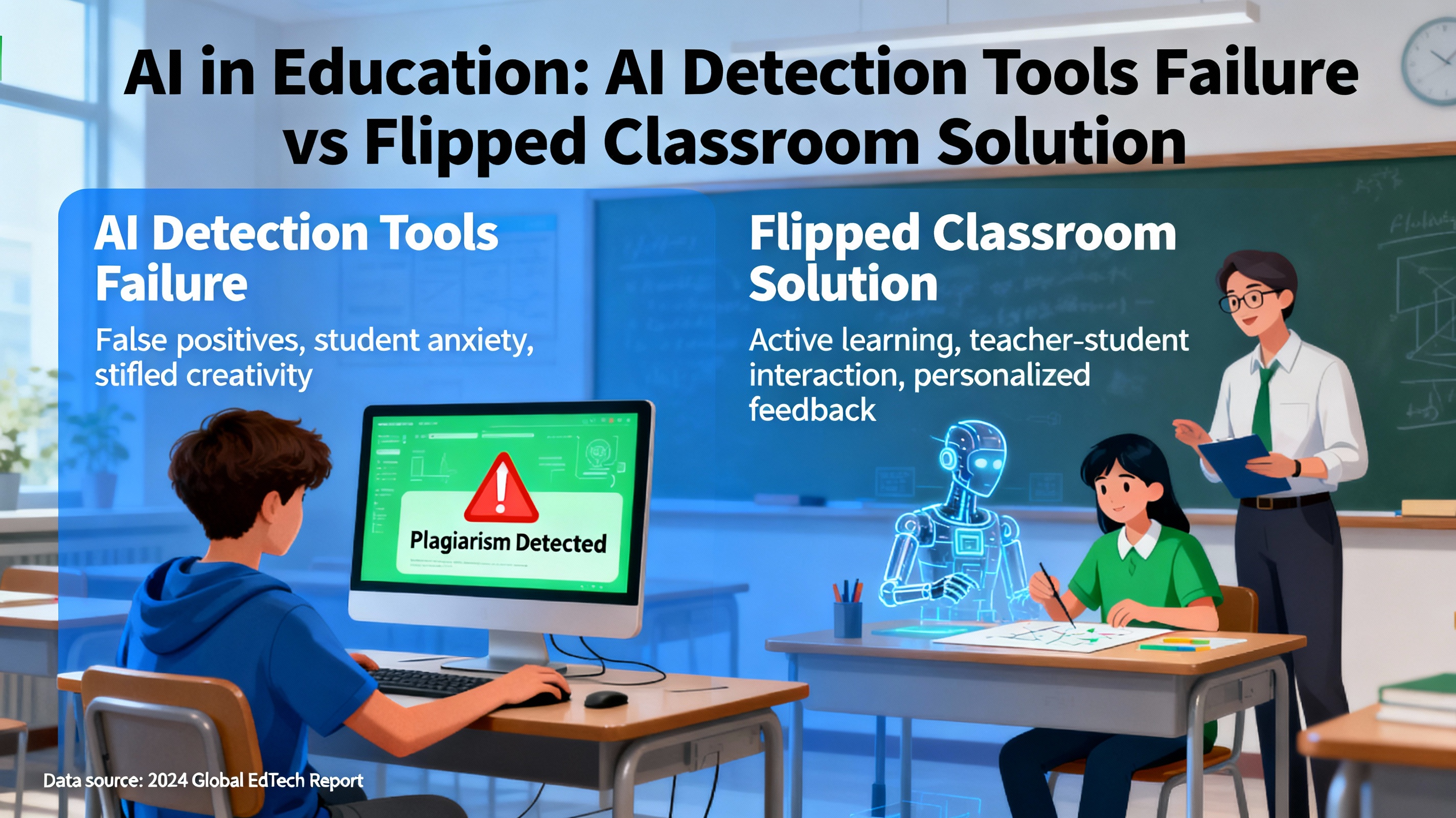 Infographic illustrating why AI detection fails and the flipped classroom alternative
