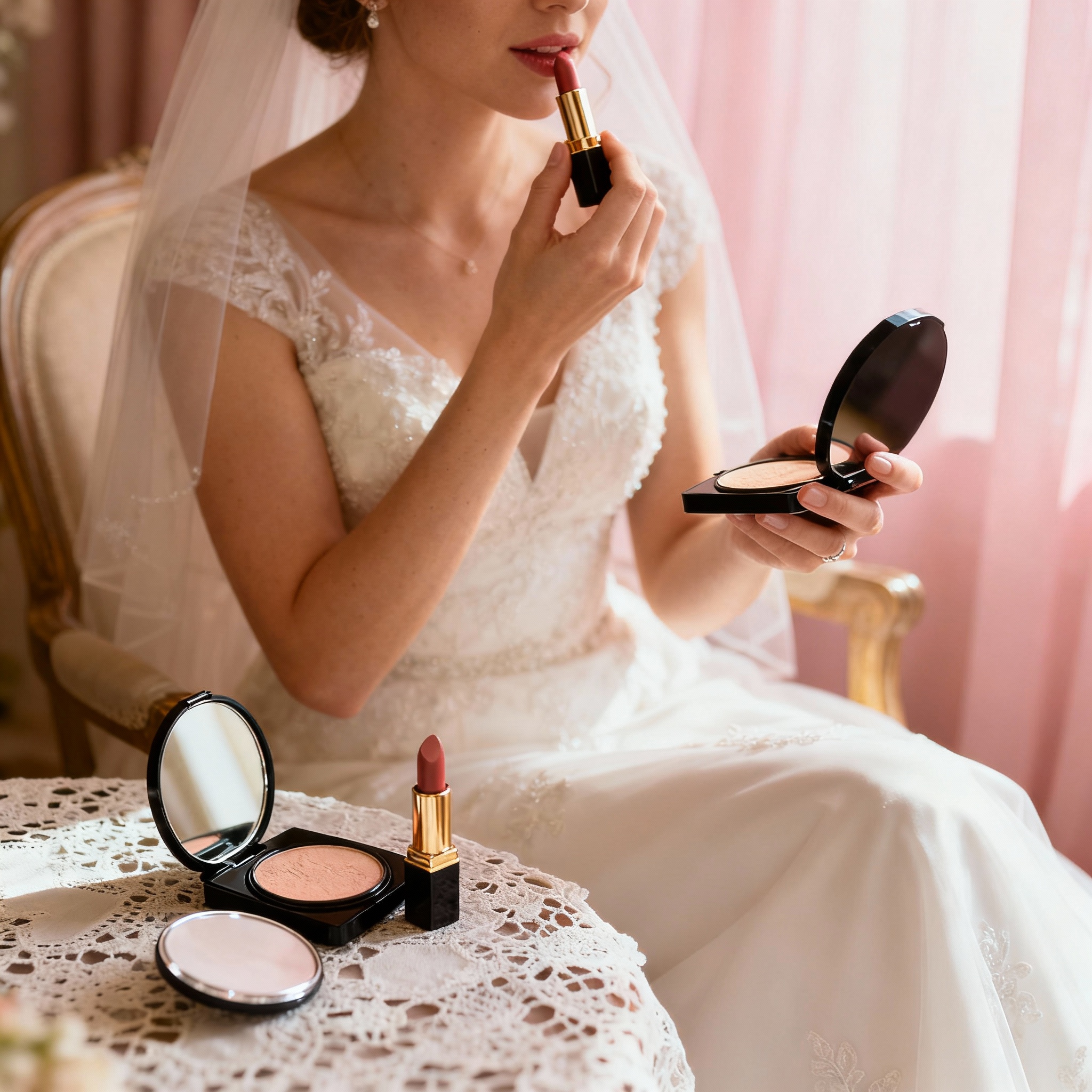 Bride using bridal makeup touch-up kit on wedding day