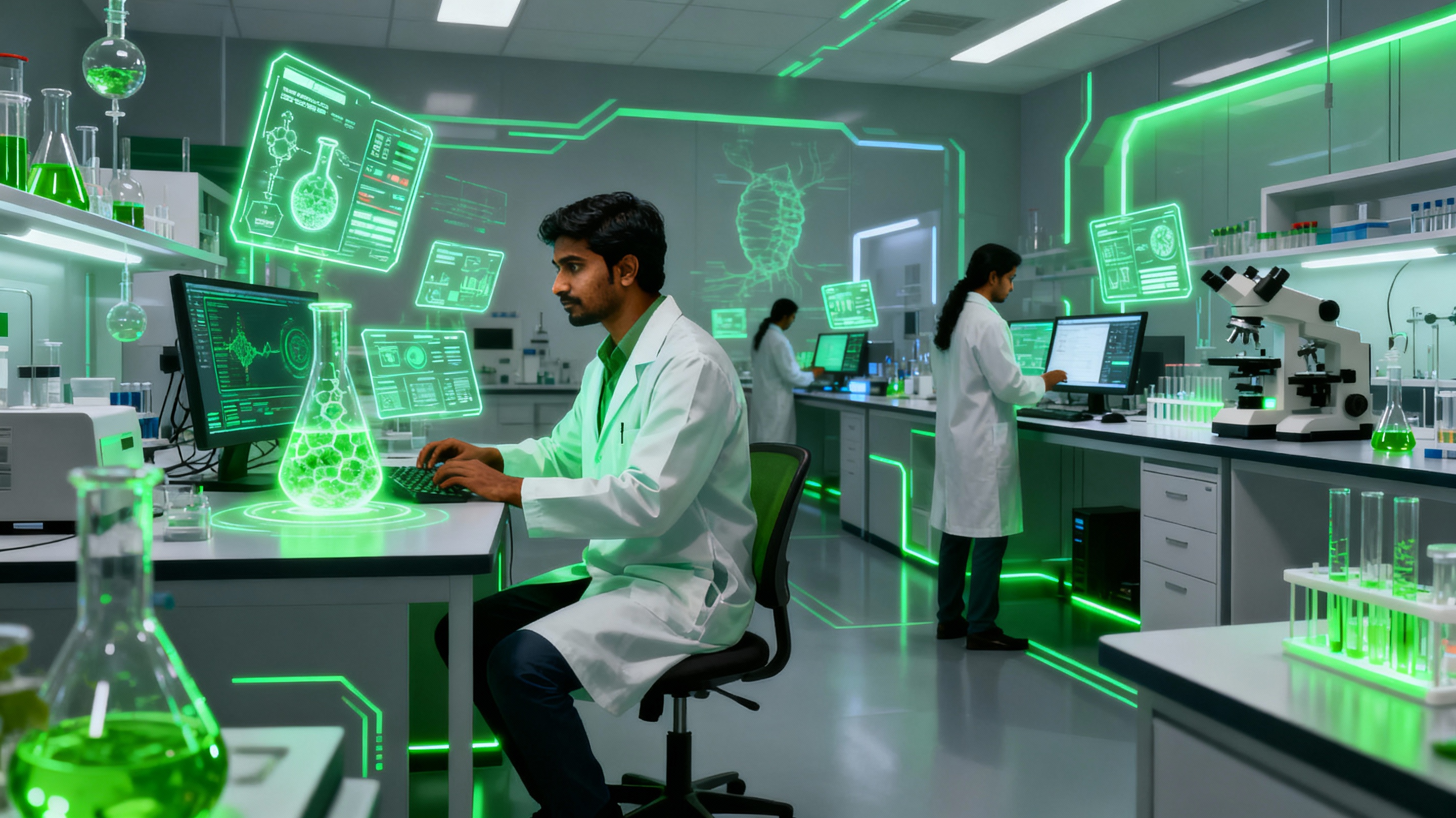 Scientists and IT systems in a biotechnology lab