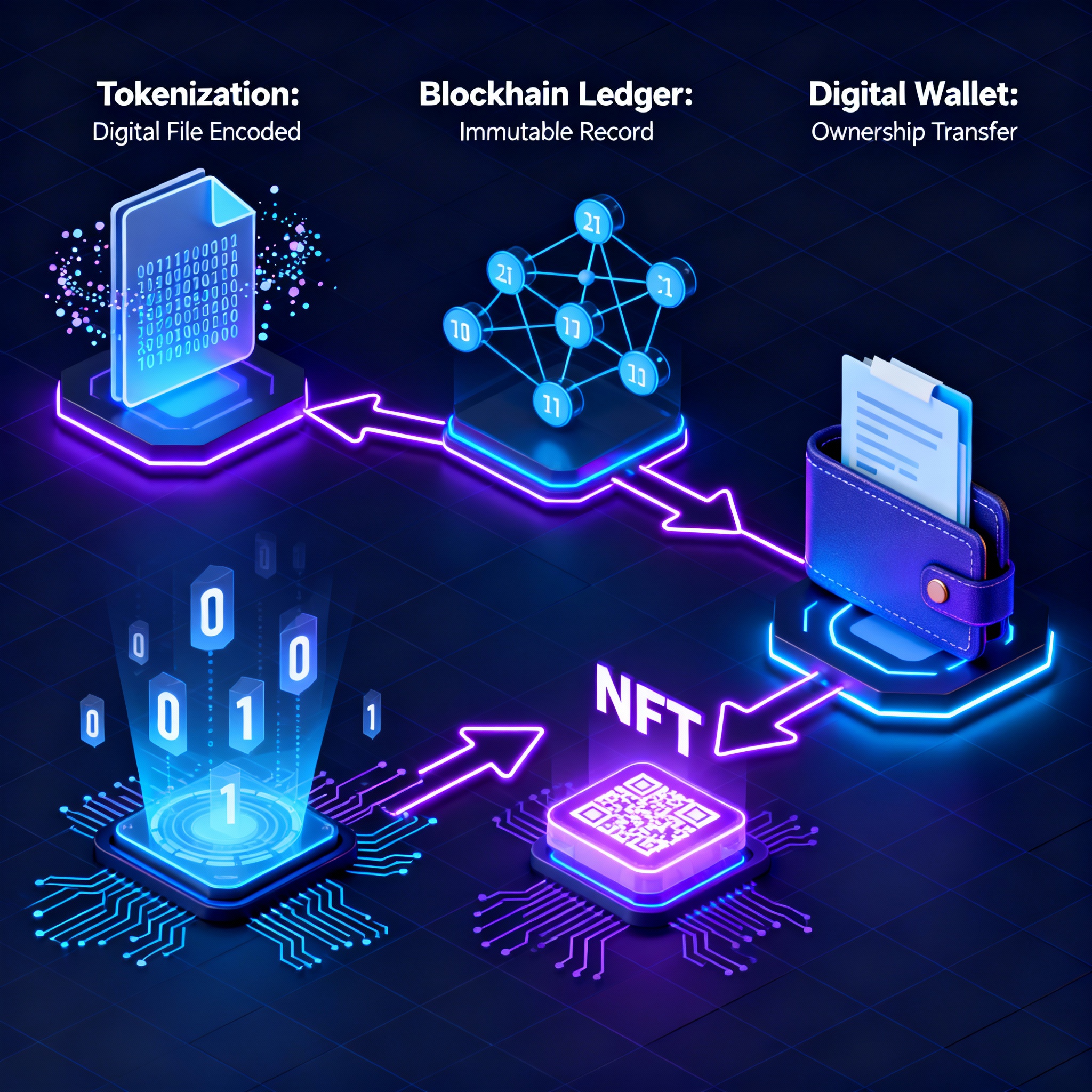Isometric infographic of NFT minting process with blockchain and digital wallet