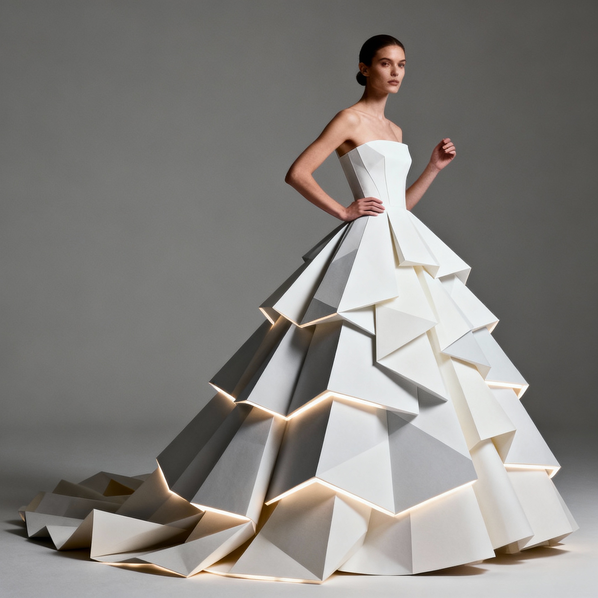 Architectural layered ball gown with dramatic volume.