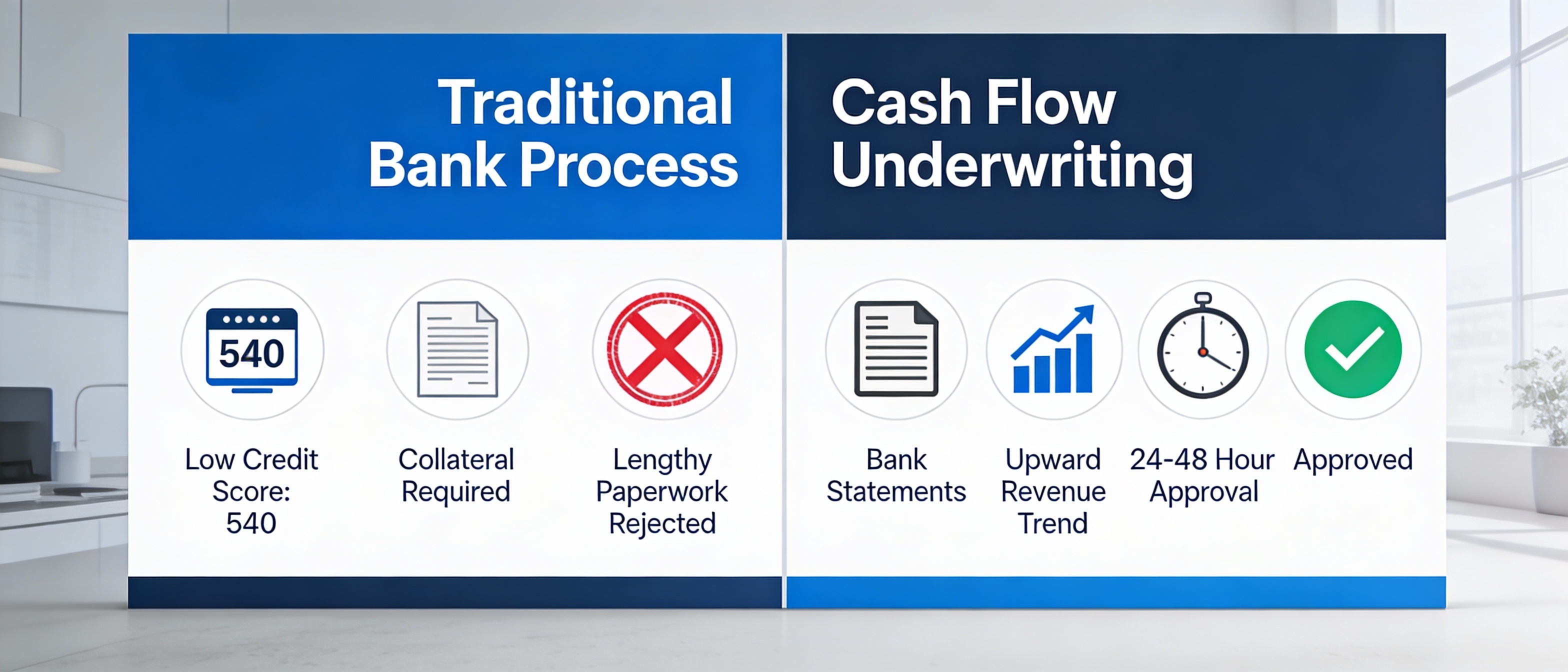 Comparison chart showing traditional credit check versus cash flow underwriting process