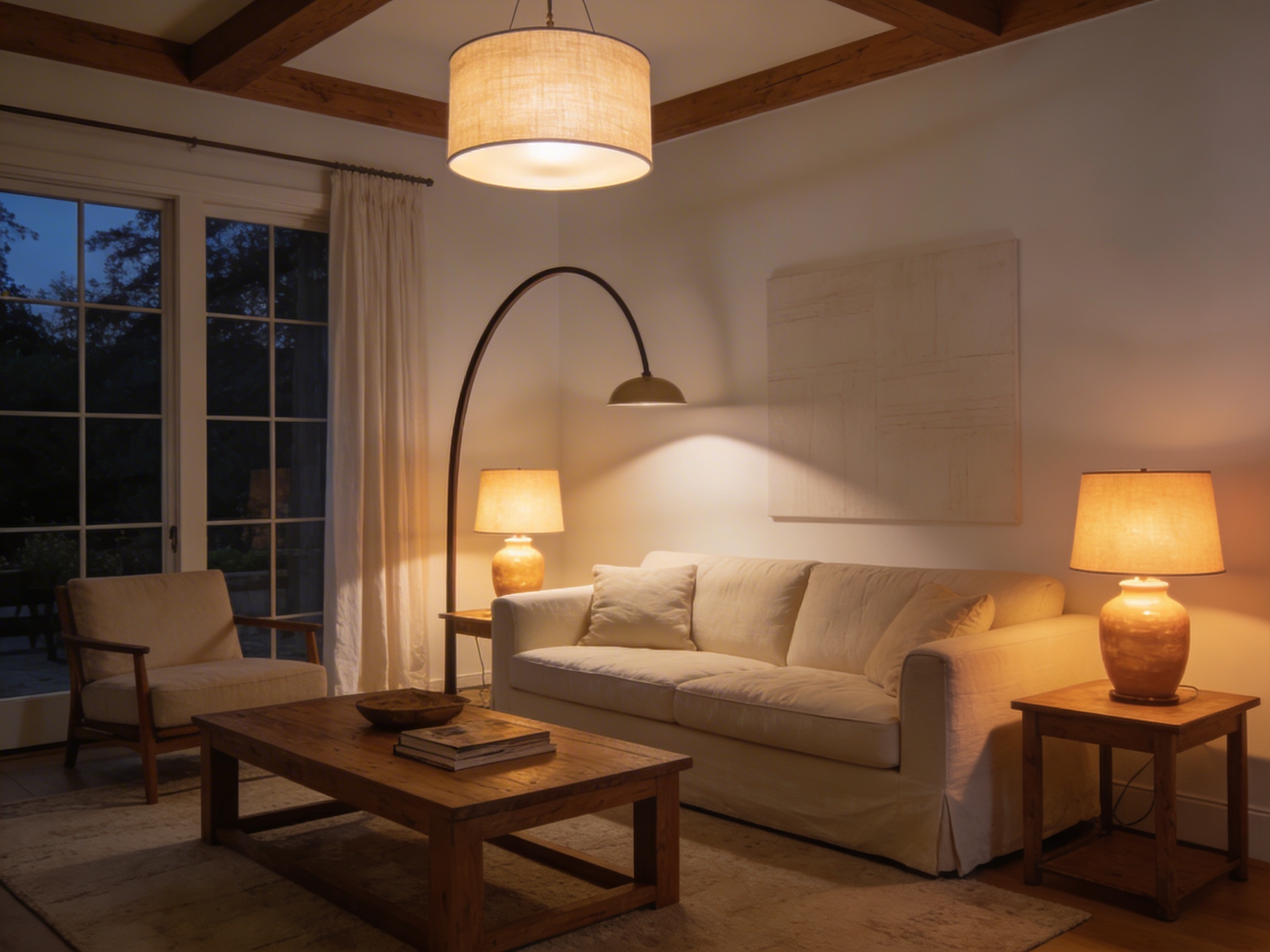 A warmly lit living room showcasing layered lighting with ambient ceiling light, a floor lamp, and accent table lamps