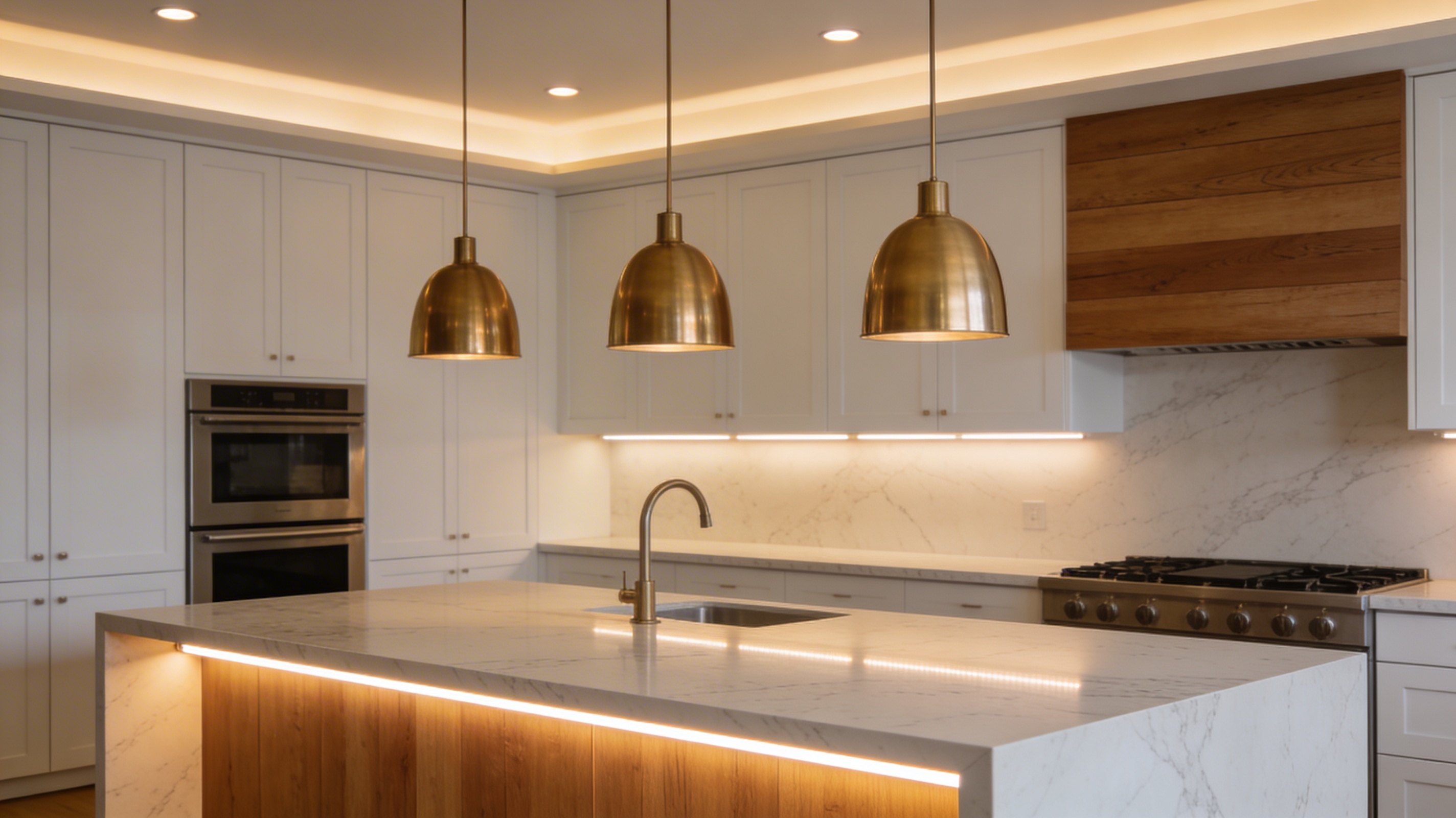 Three modern pendant lights hanging over a kitchen island — a perfect example of task lighting in the kitchen that also serves as accent decor