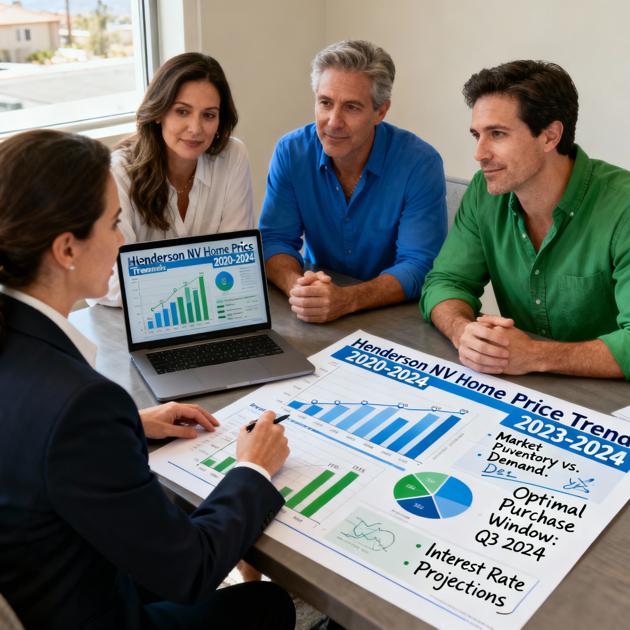 Henderson Nevada home buyers receiving expert guidance on market timing, seasonal trends, and optimal purchase strategies with professional market analysis