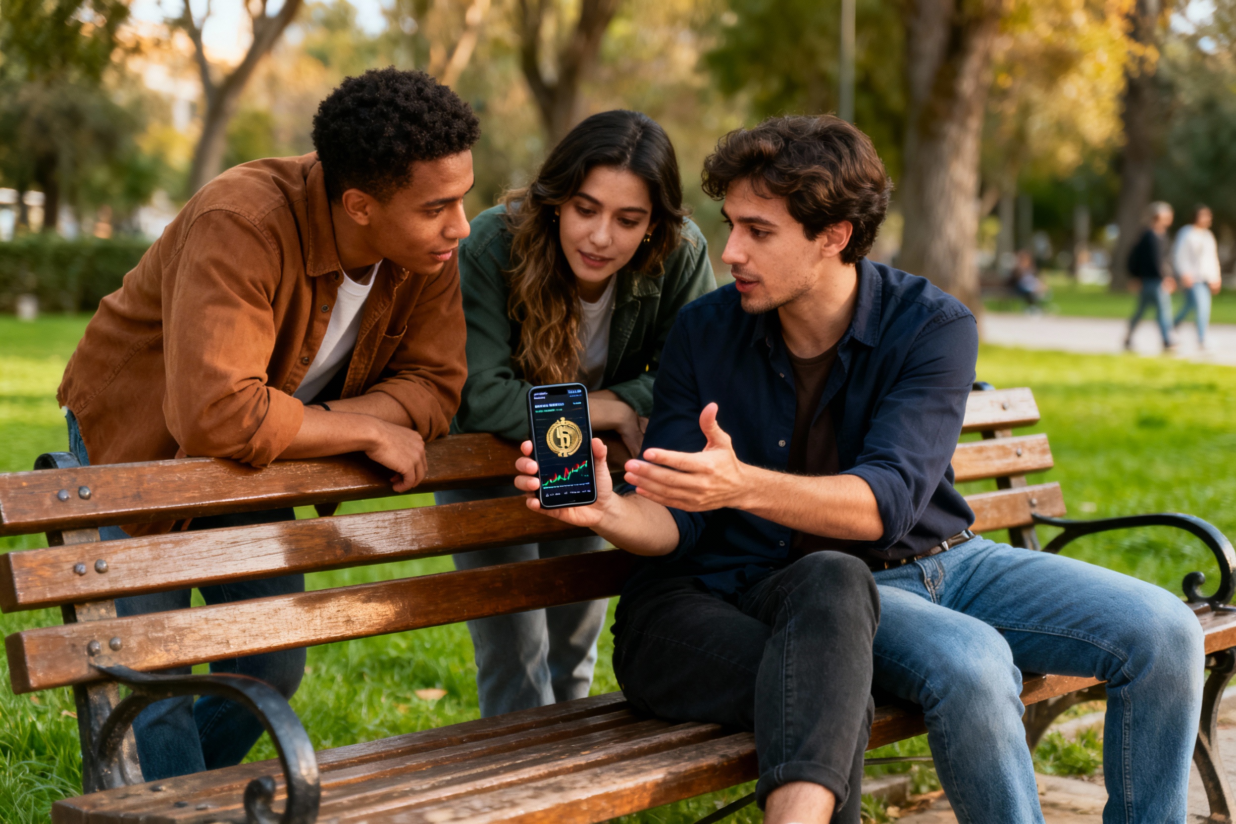 People discussing cryptocurrency on a park bench