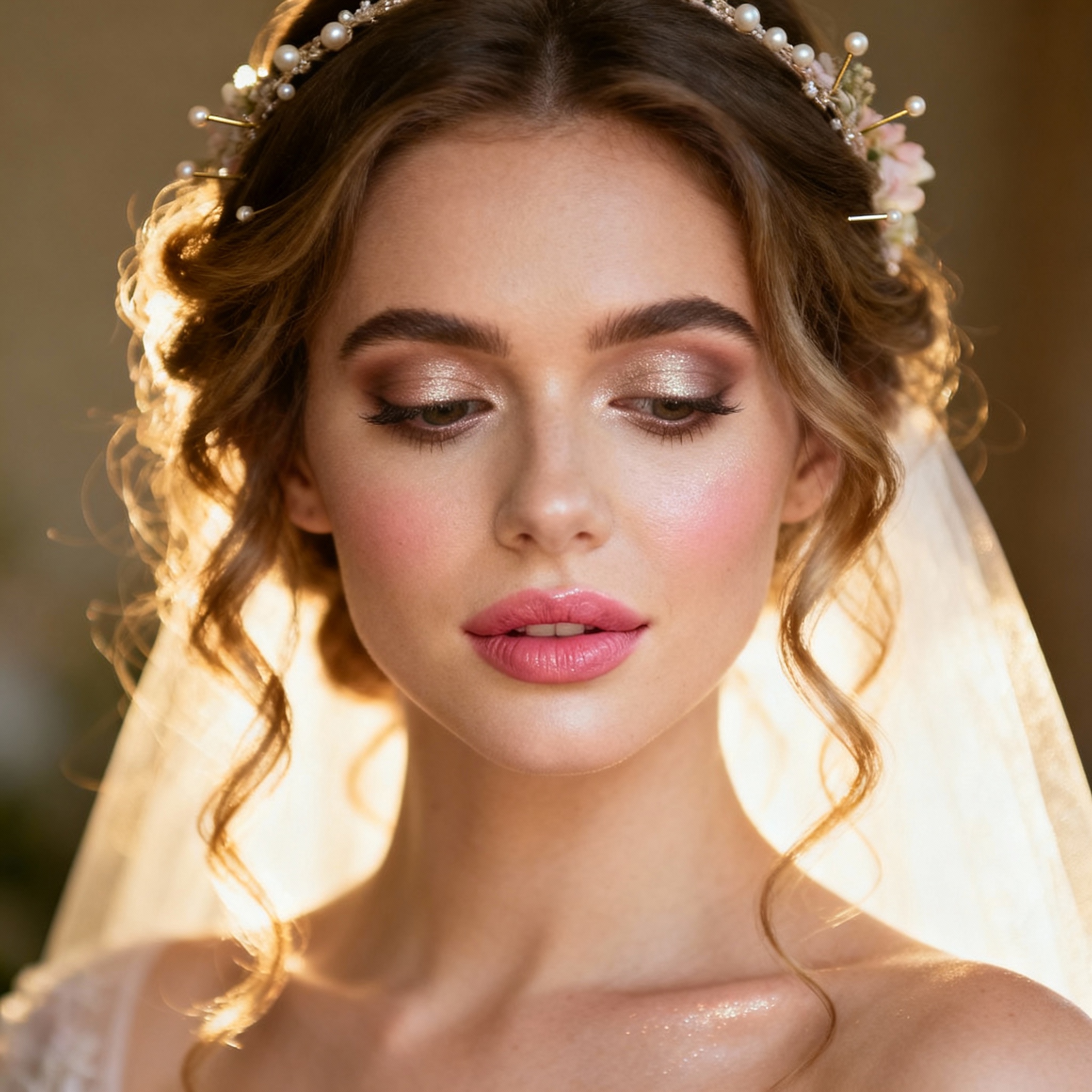 Woman with soft textured waves and glowing skin, bridal makeup and hair combined, romantic styling