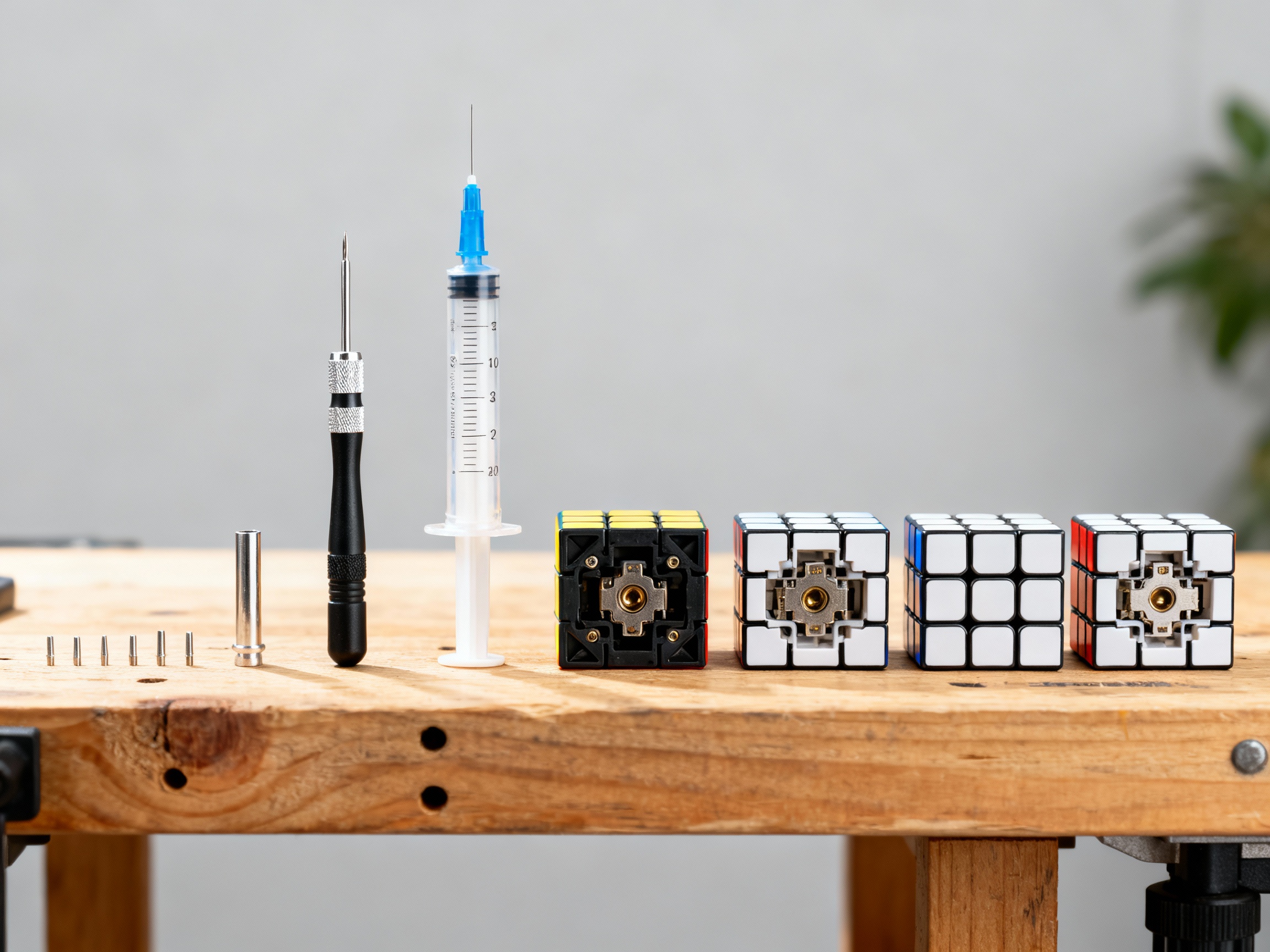 Essential tools needed for cube disassembly and maintenance including screwdrivers and lubricants