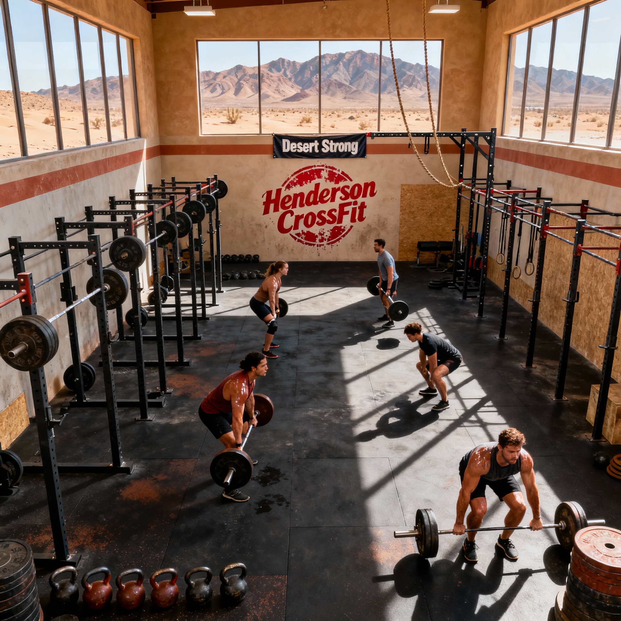 Henderson Nevada CrossFit box interior featuring barbells and functional training equipment with athletes training in desert mountain setting