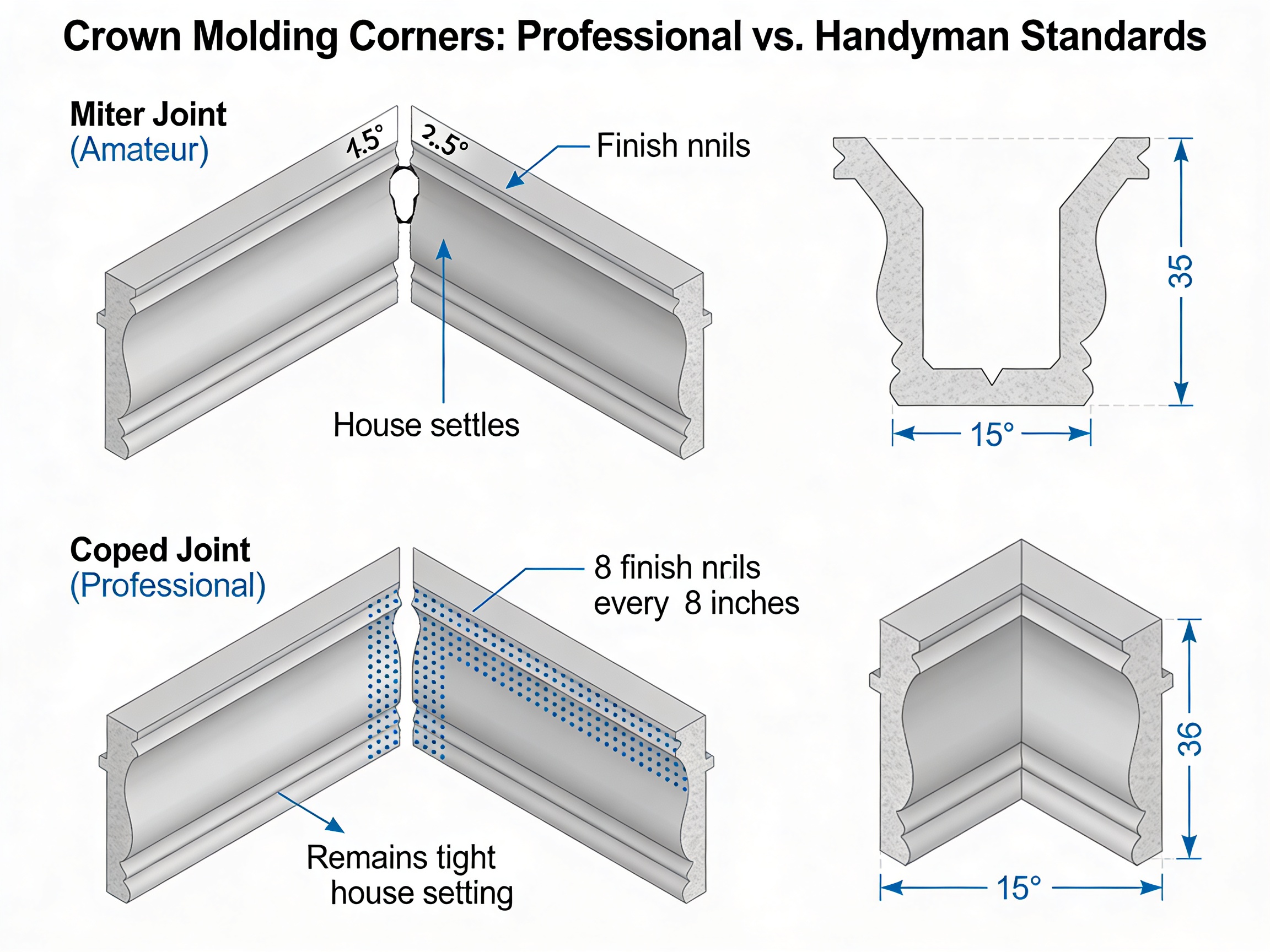 Technical diagram comparing coped joints vs miter joints in crown molding installation showing professional carpentry techniques in charlotte nc