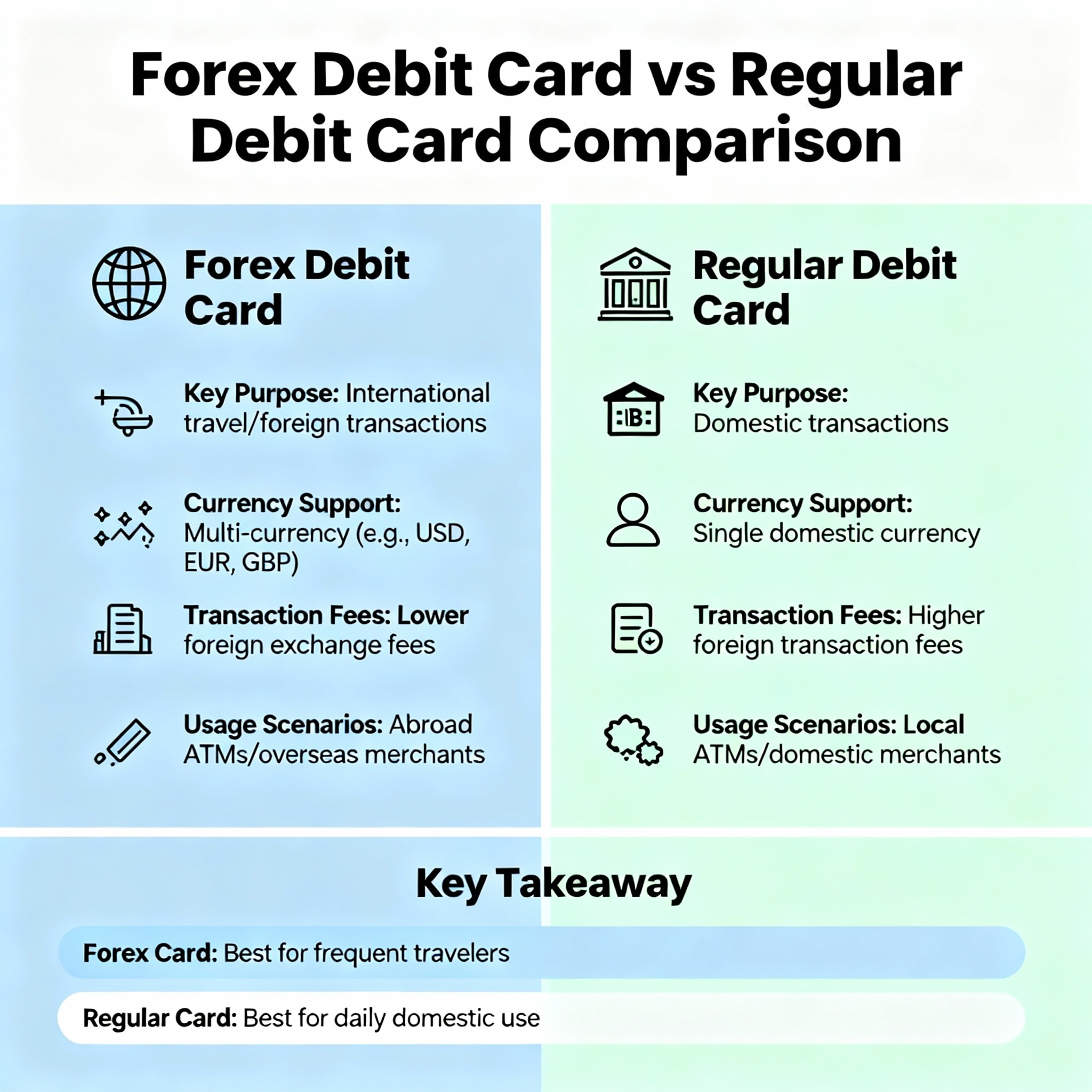 Best Zero-Forex Debit Cards in India (2025) 2 Visual comparison showing differences between forex debit cards and regular debit cards for international travel