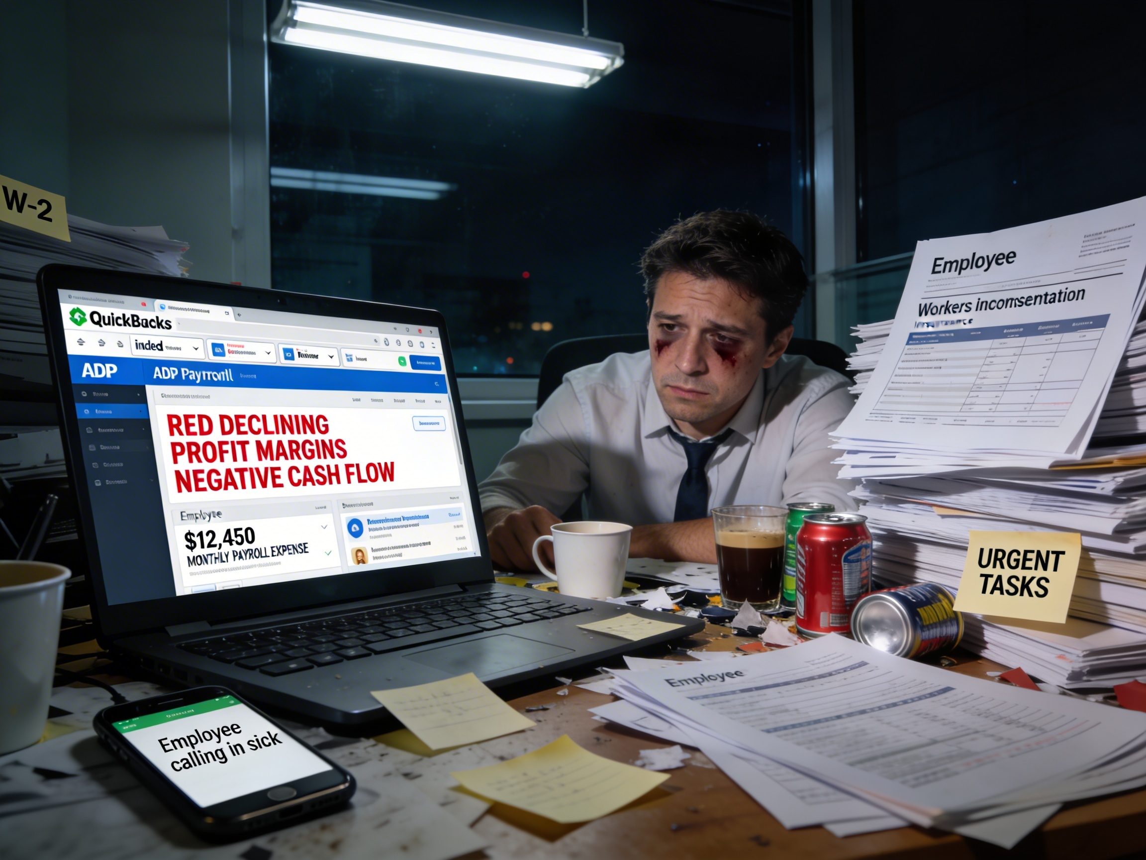 Photorealistic exhausted business owner late at night surrounded by payroll bills, employee tax forms, laptop showing negative margins, text messages from employees calling in sick, stressed expression
