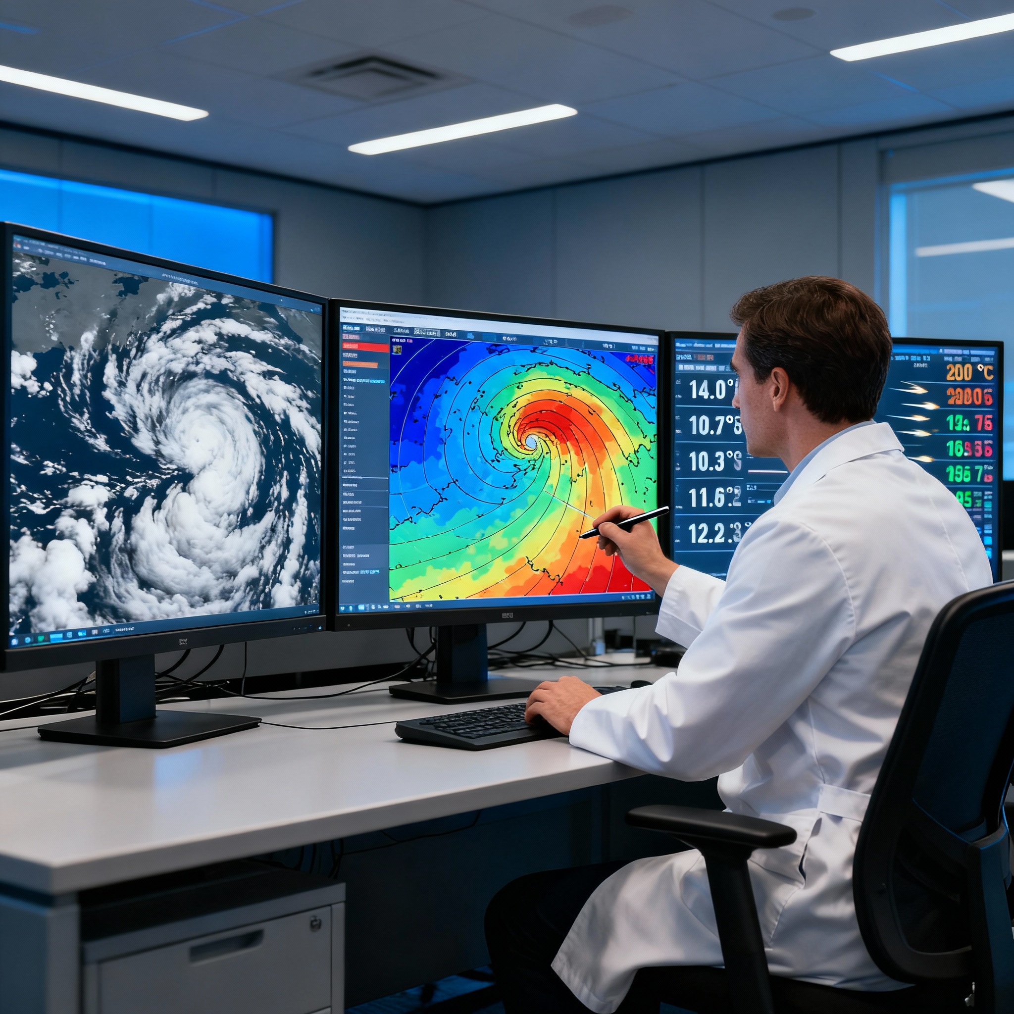 Meteorologist analyzing weather data using advanced technology and satellite systems