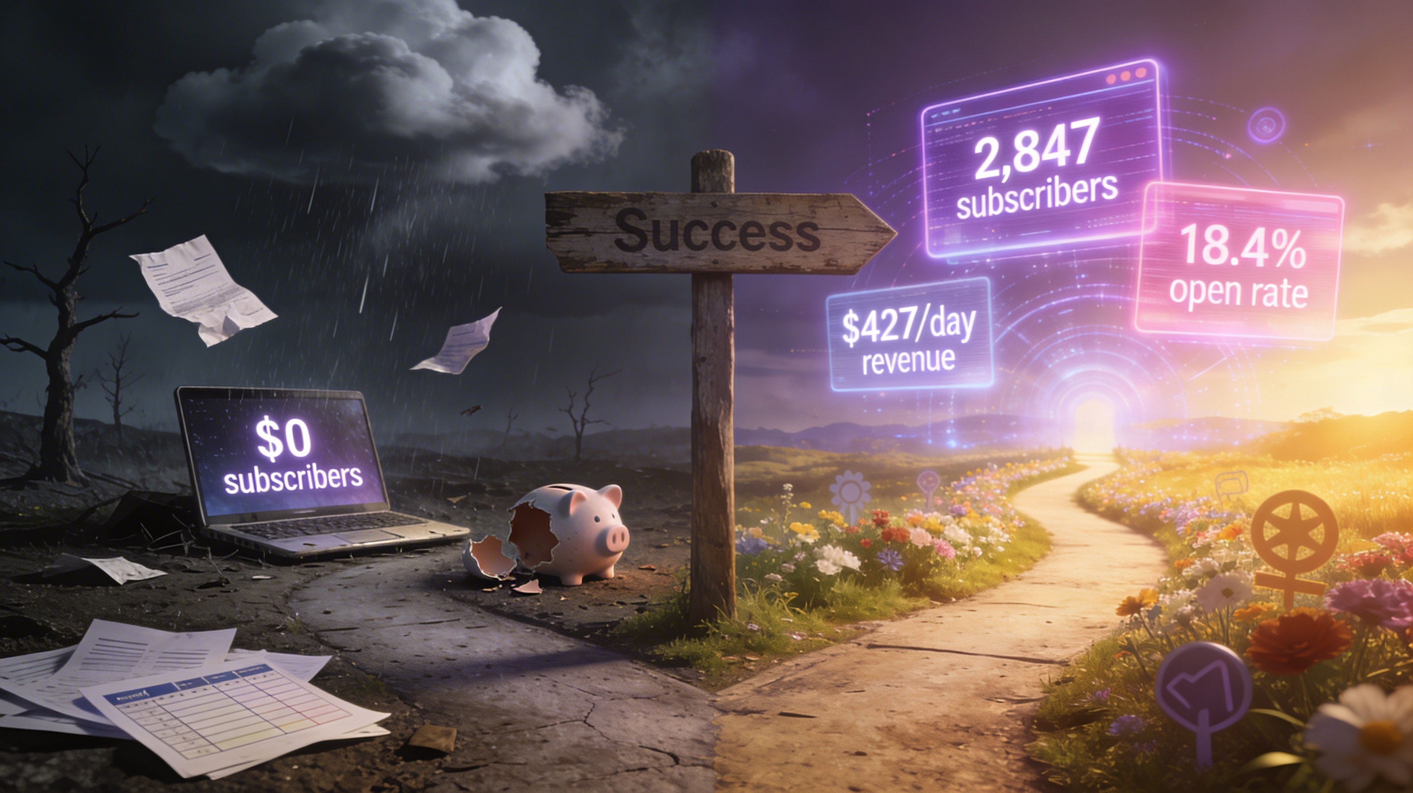 Photorealistic dramatic cinematic fork in the road, left path shows dark stormy landscape with abandoned laptop displaying $0 subscribers, crumpled freelancer invoices, broken piggy bank, empty spreadsheets, rain and dead trees, right path leads to bright futuristic landscape with holographic purple and pink screens showing 2,847 subscribers, $427 per day revenue, 18.4% open rate, golden sunlight and welcoming success path