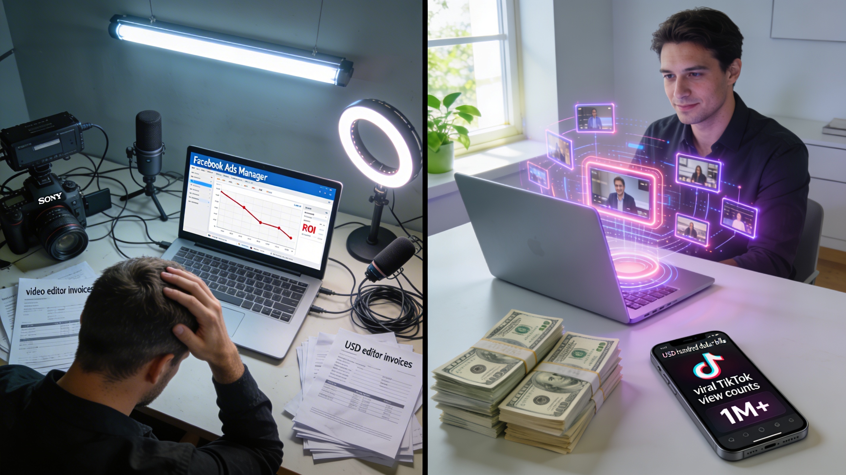 Photorealistic split screen: Left shows stressed American business owner drowning in expensive camera equipment, unpaid editor invoices, and declining Facebook ad ROI. Right shows calm entrepreneur with AI-powered workspace generating viral videos automatically with stacks of cash.