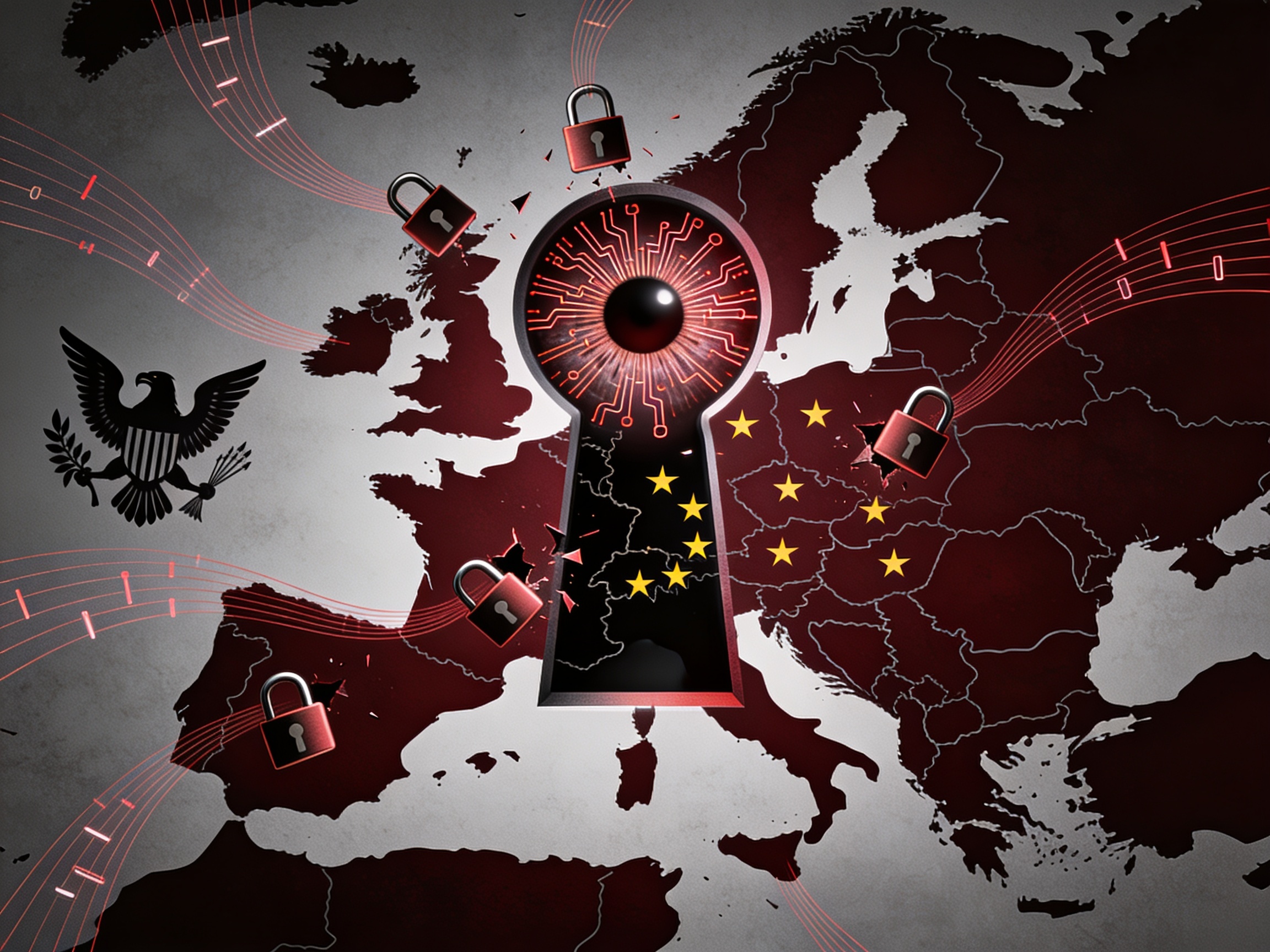 Surveillance eye circuit board looking through EU map keyhole