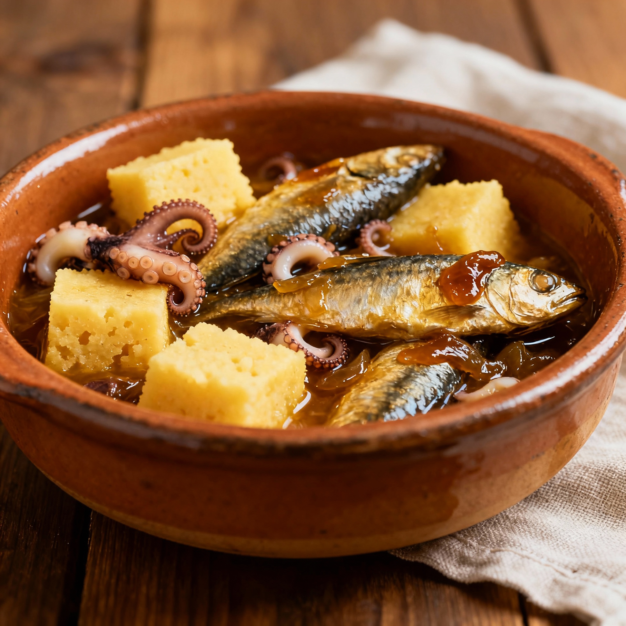 Seppie in umido con polenta e sarde in saor