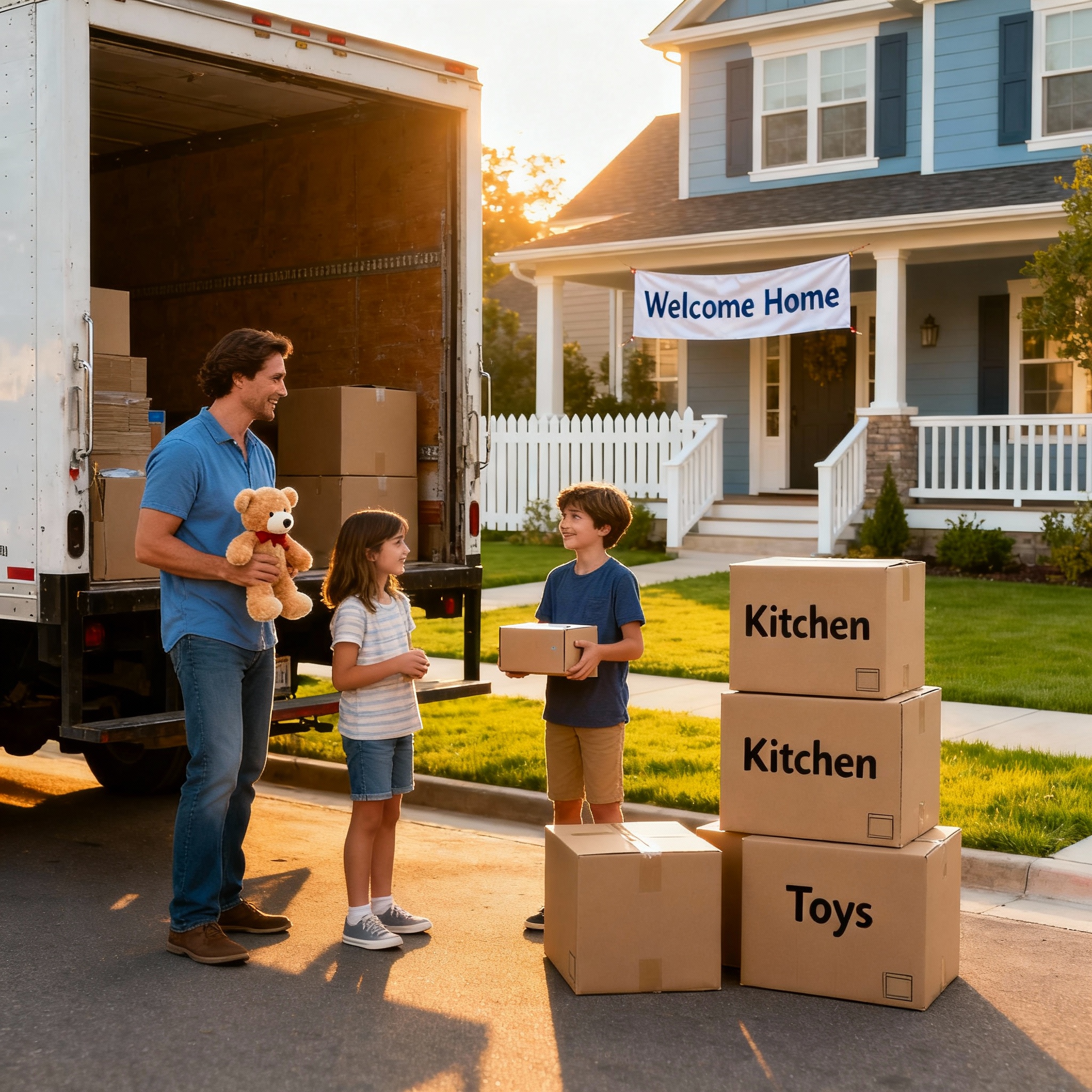 Henderson Nevada relocation featuring family moving to new suburban home with children and moving truck