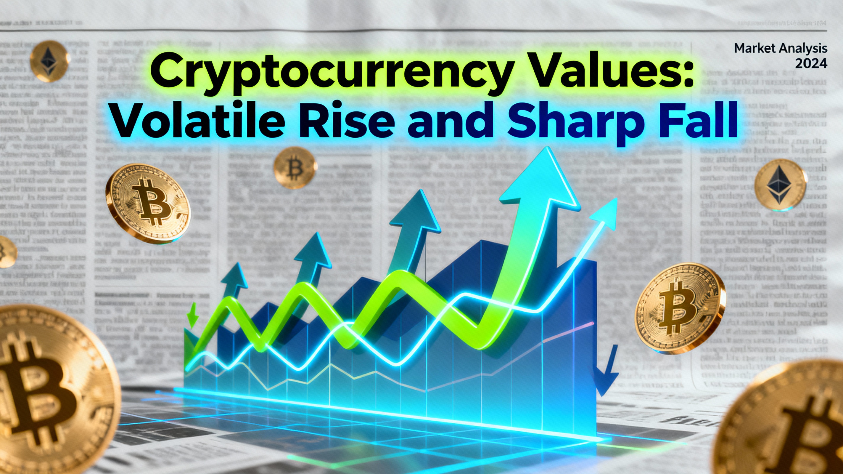 Newspaper headline about cryptocurrency values rise and fall, illustration style, 16:9