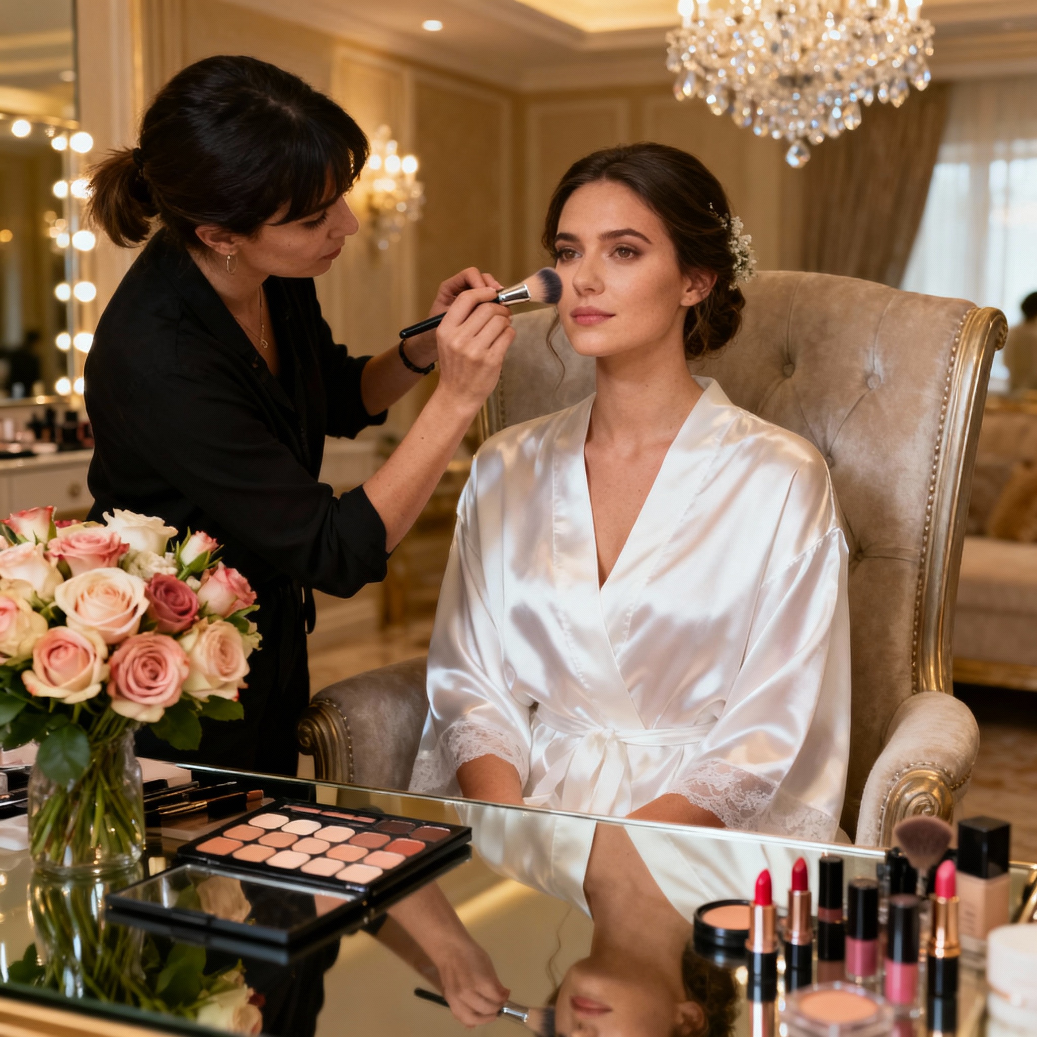 Makeup artist applying bridal makeup