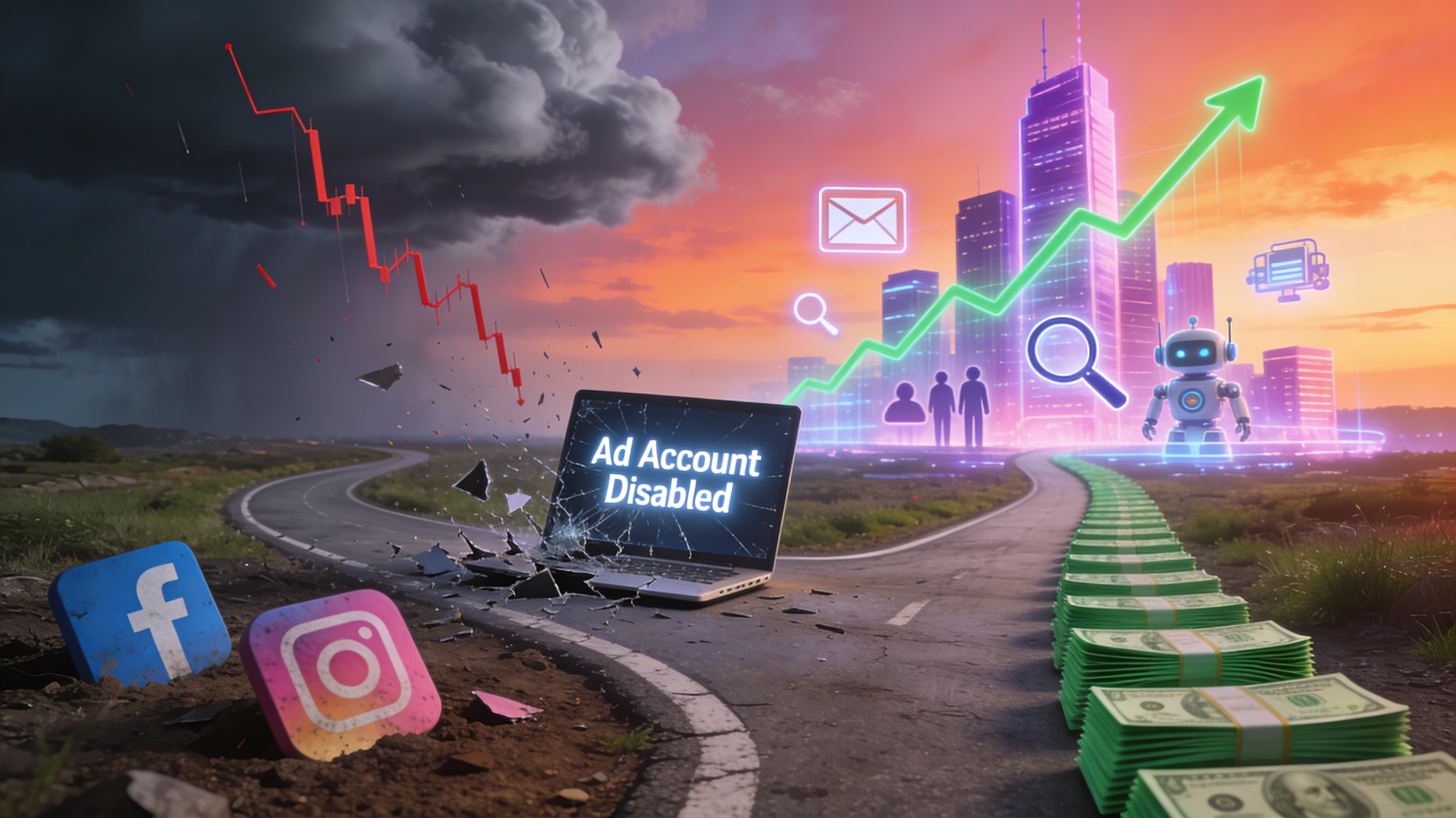 Cinematic fork-in-the-road landscape at sunset. Left path shows dark stormy sky, broken Facebook and Instagram logos lying in the dirt, a shattered laptop with Ad Account Disabled on the cracked screen, red graphs falling. Right path shows bright futuristic city made of holographic purple and pink skyscrapers with icons for email, search, community, and AI tools, green graphs rising in the sky, stacks of dollar bills along the path. Hyperrealistic, 16:9.
