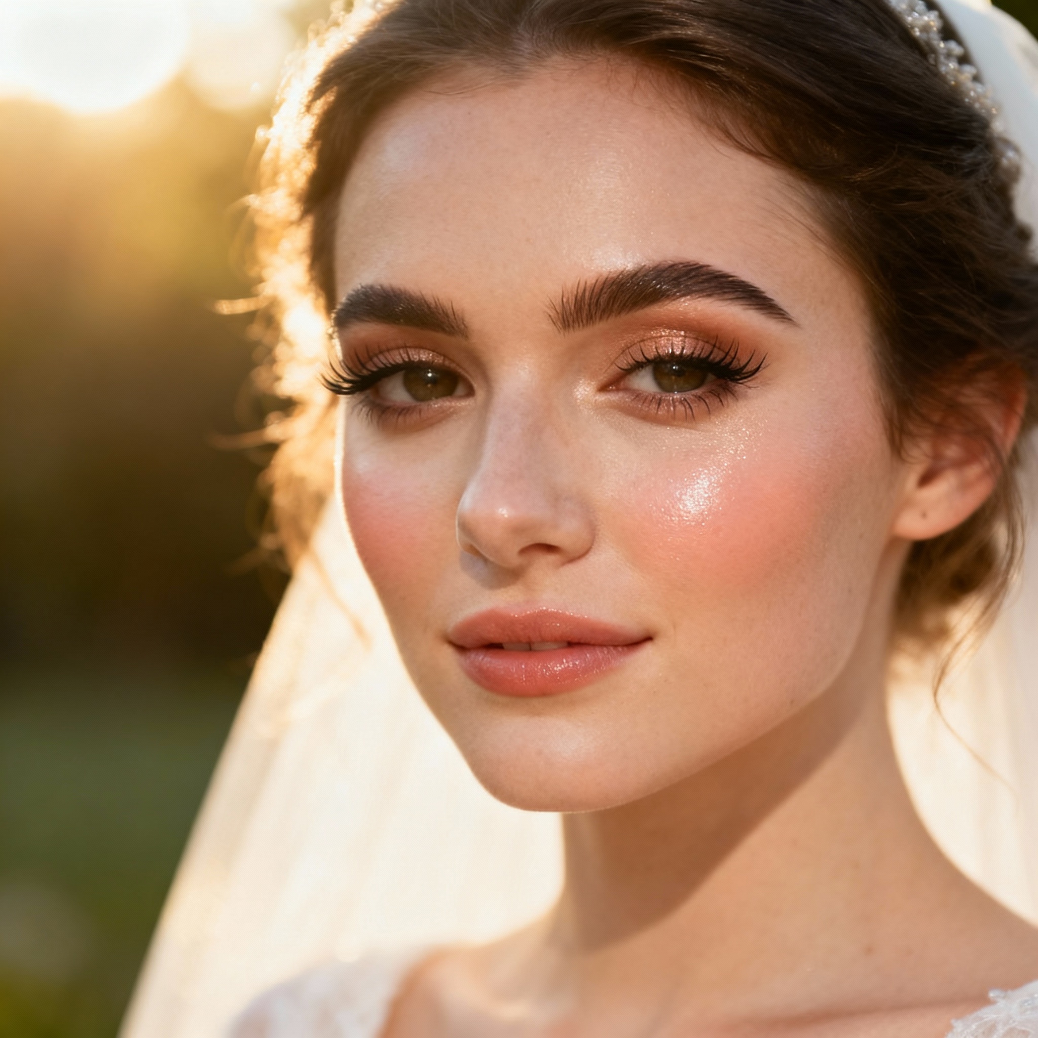 Blush-forward bridal makeup with warm monochrome tones