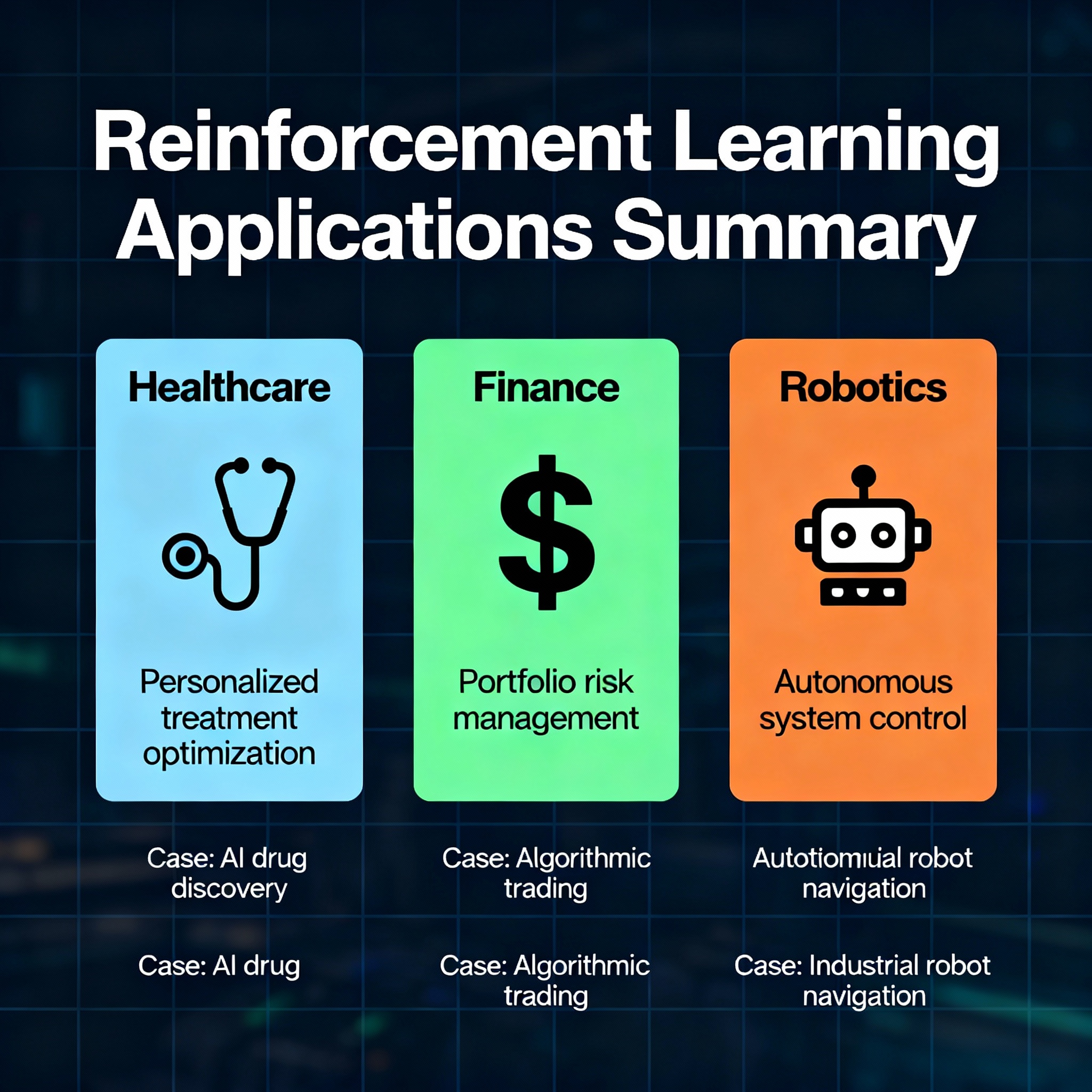 Infographic summarizing reinforcement learning applications across healthcare, finance, and robotics domains.