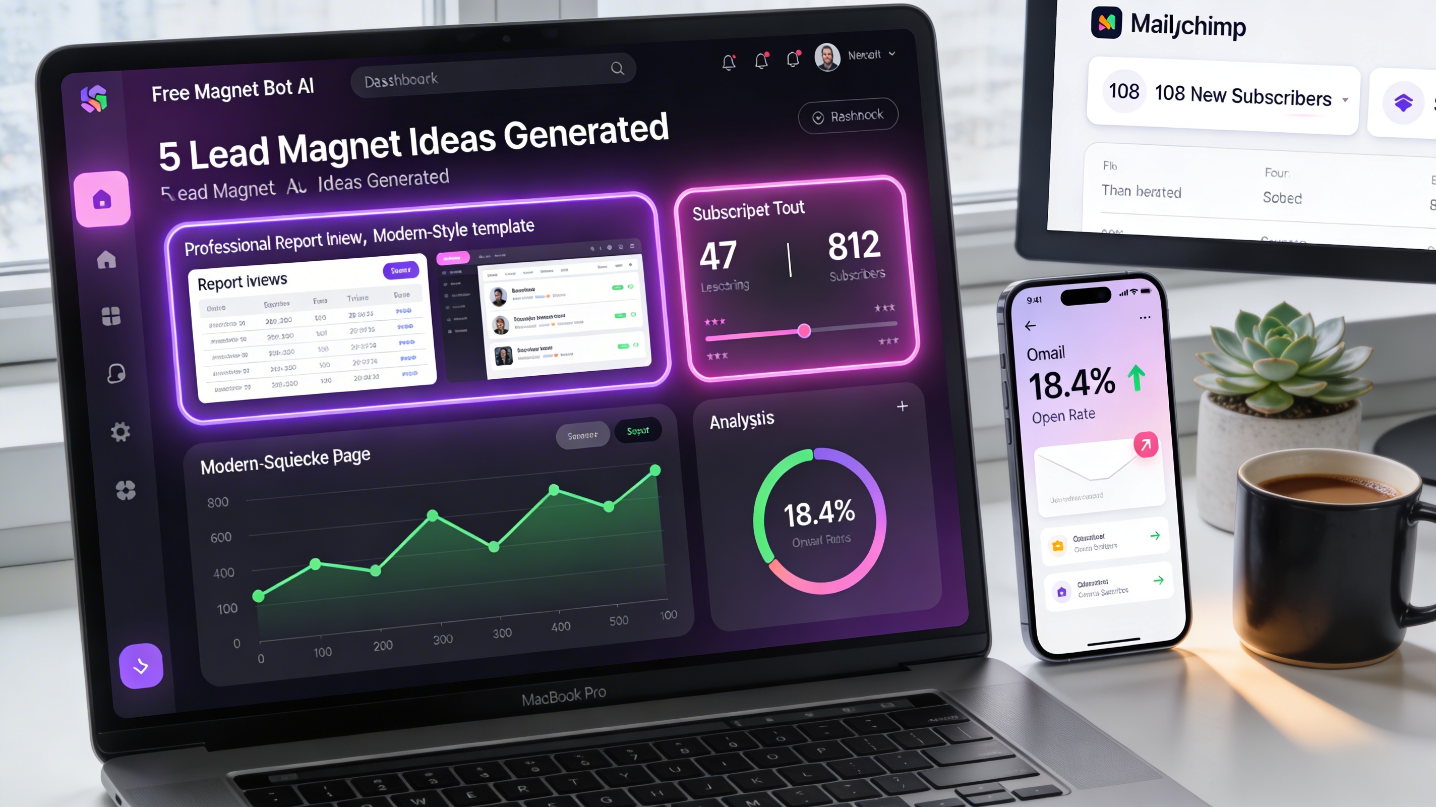 Photorealistic MacBook Pro displaying Free Magnet Bot dashboard with glowing purple and pink interface showing 5 lead magnet ideas generated, subscriber count increasing from 47 to 812, analytics trending upward, iPhone showing 18.4% email open rate, clean minimalist workspace with natural lighting