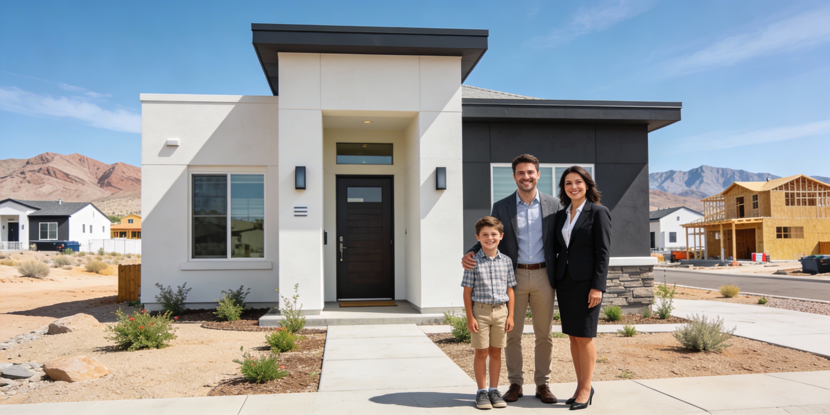 Happy family with real estate agent at new Henderson home