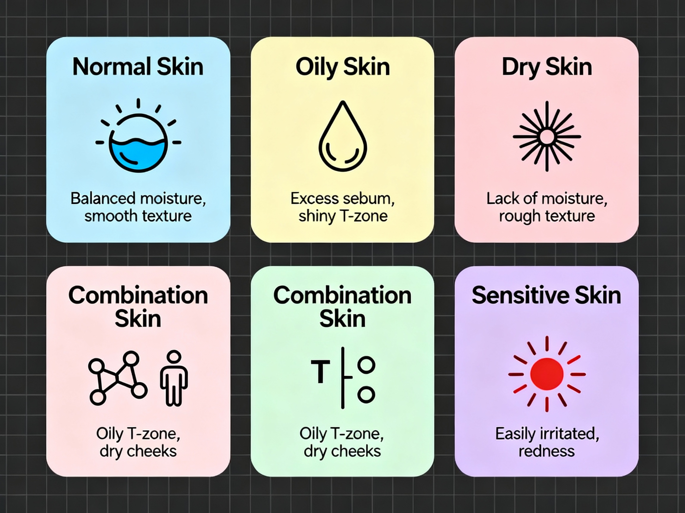 Diagnostic types de peau - Peau normale grasse sèche mixte sensible et soins cosmétiques adaptés