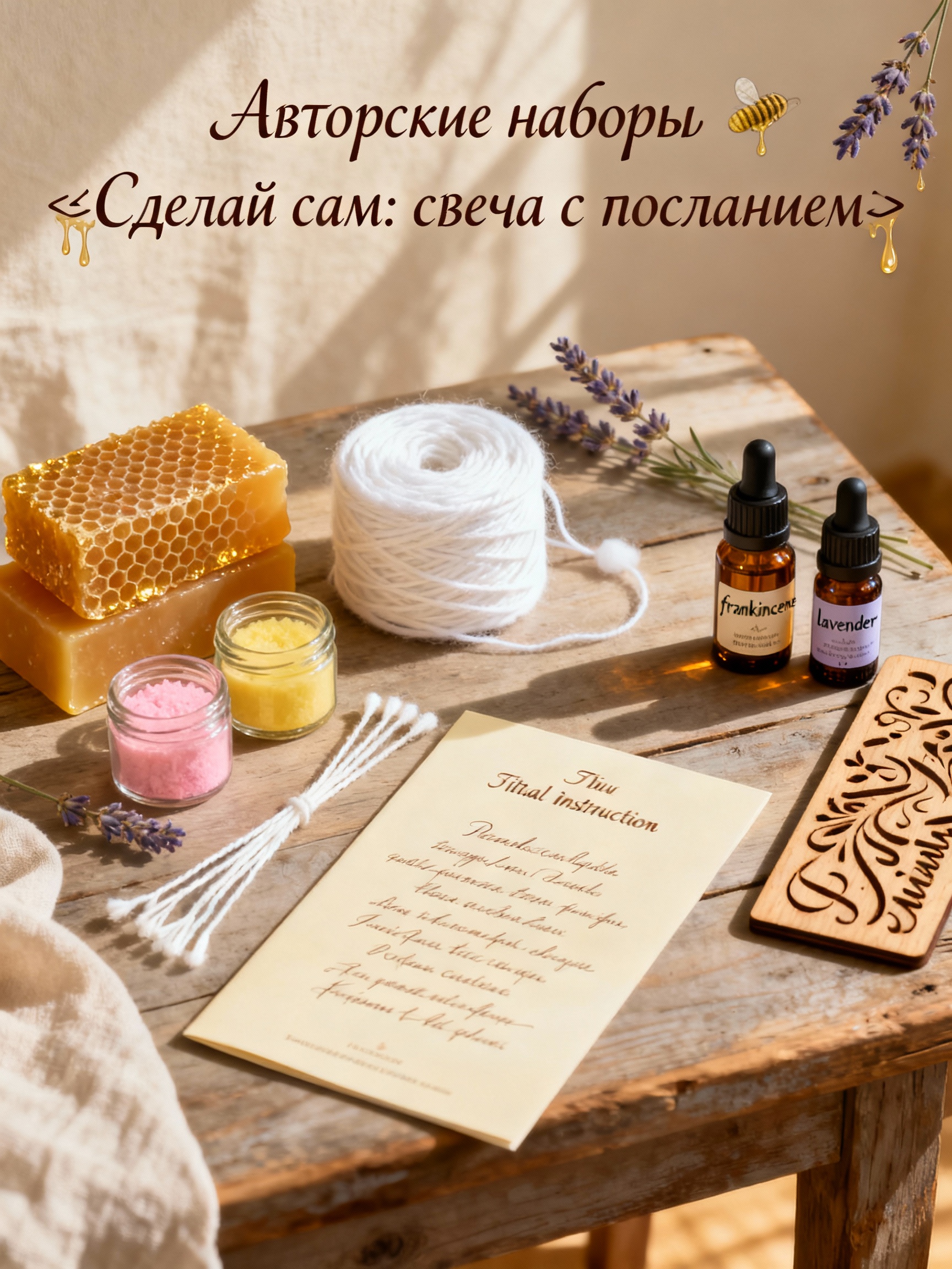 Illustration of DIY candle kits with beeswax, wicks, essential oils, engraving template, and ritual instructions