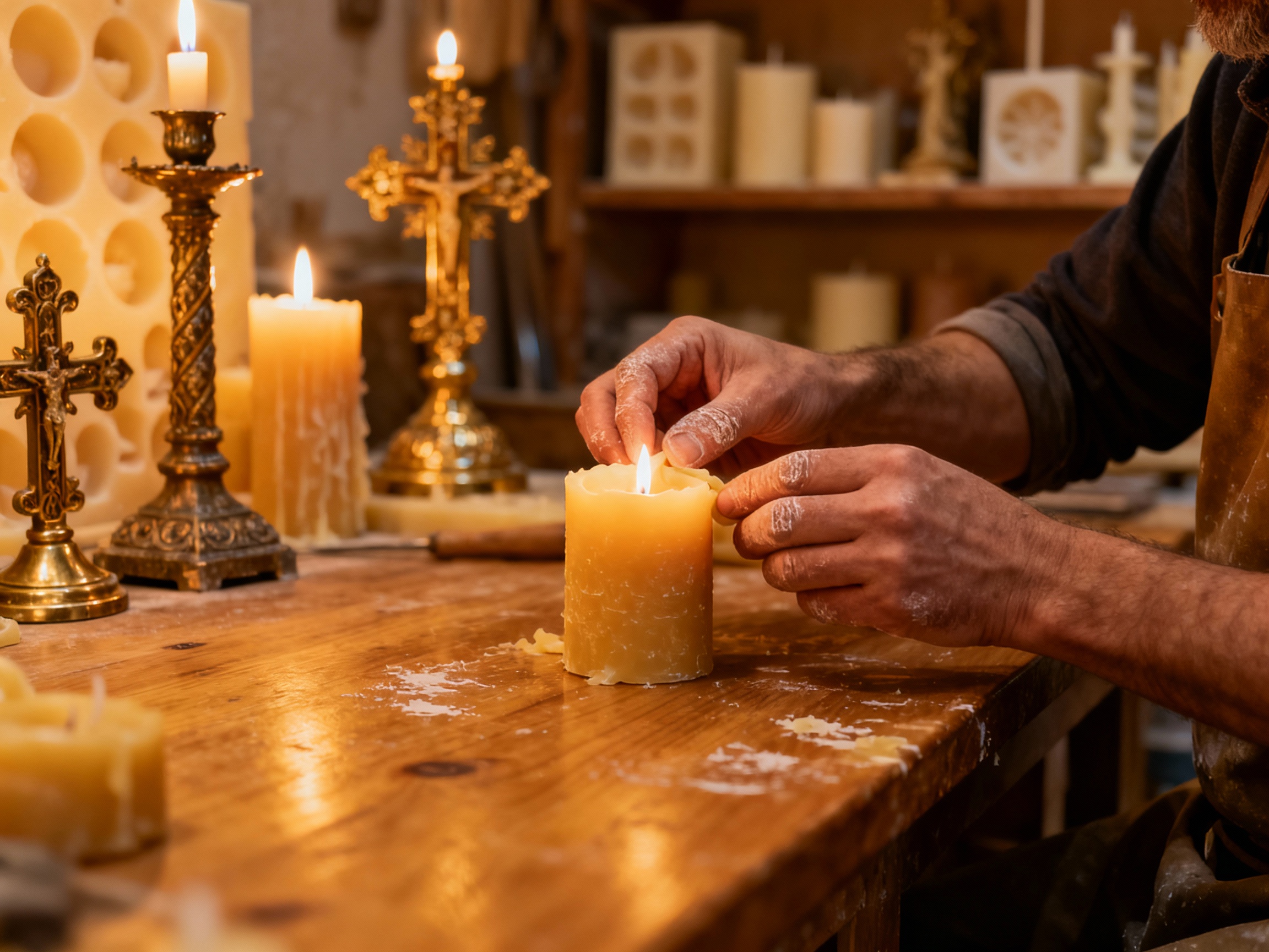 Master Candle Maker in a cozy workshop crafting candles