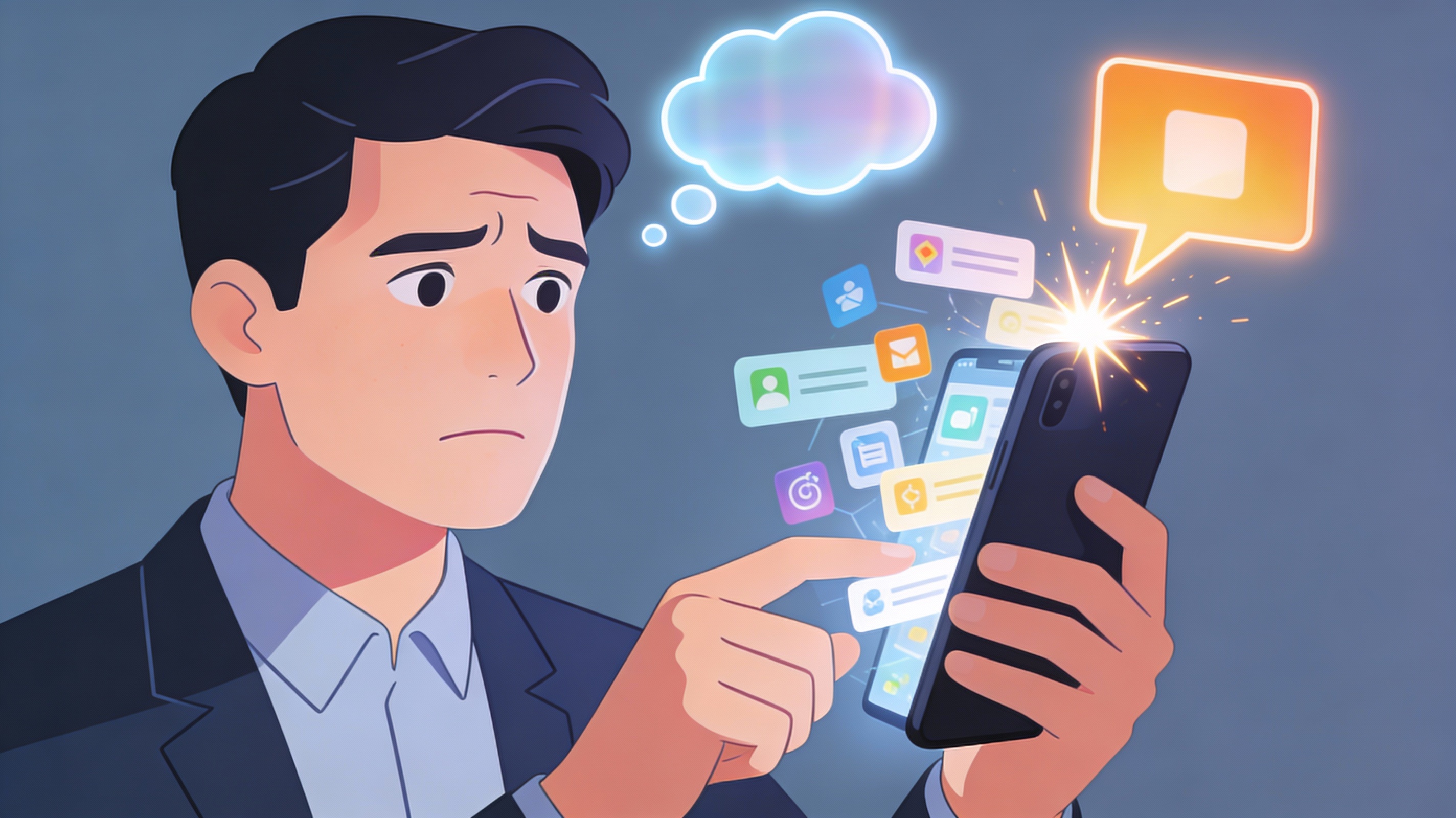 Illustration of phone distraction turning into focused accountability with a friendly axolotl companion