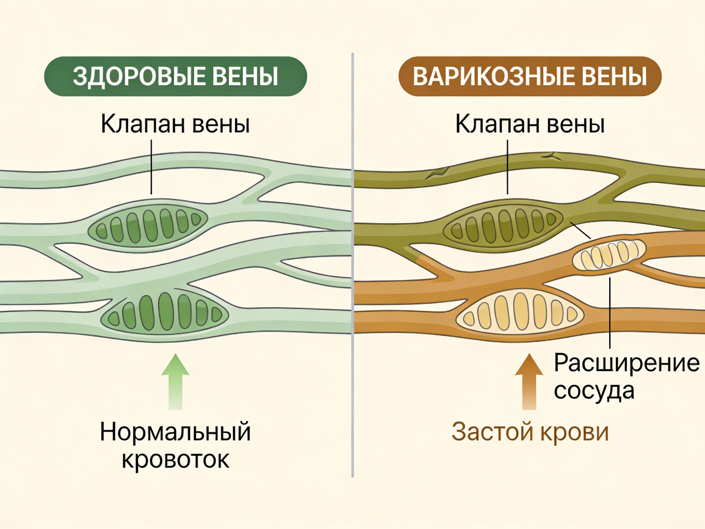 Здоровые и варикозные вены — схема