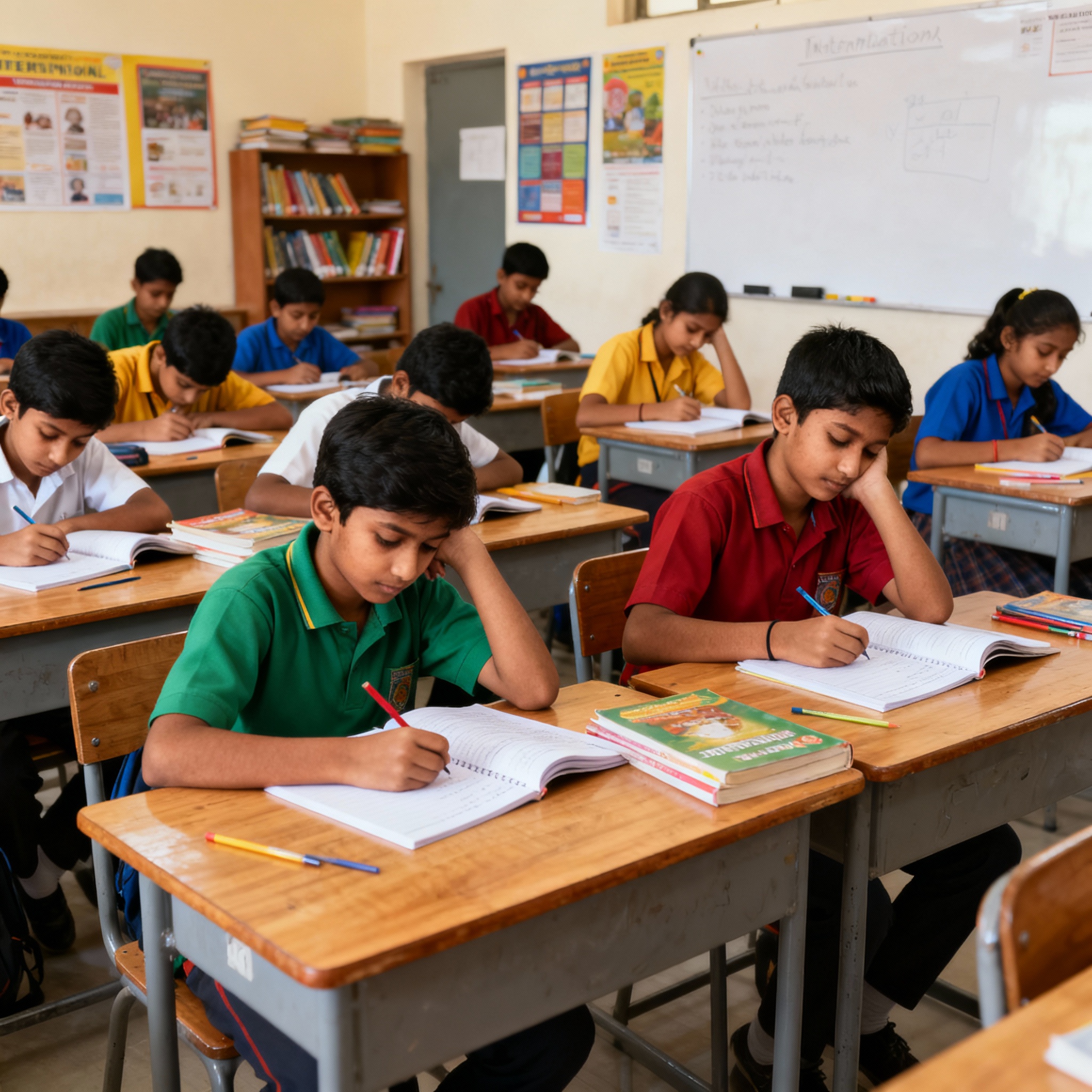 Indian urban school kids thinking and writing in an international school classroom