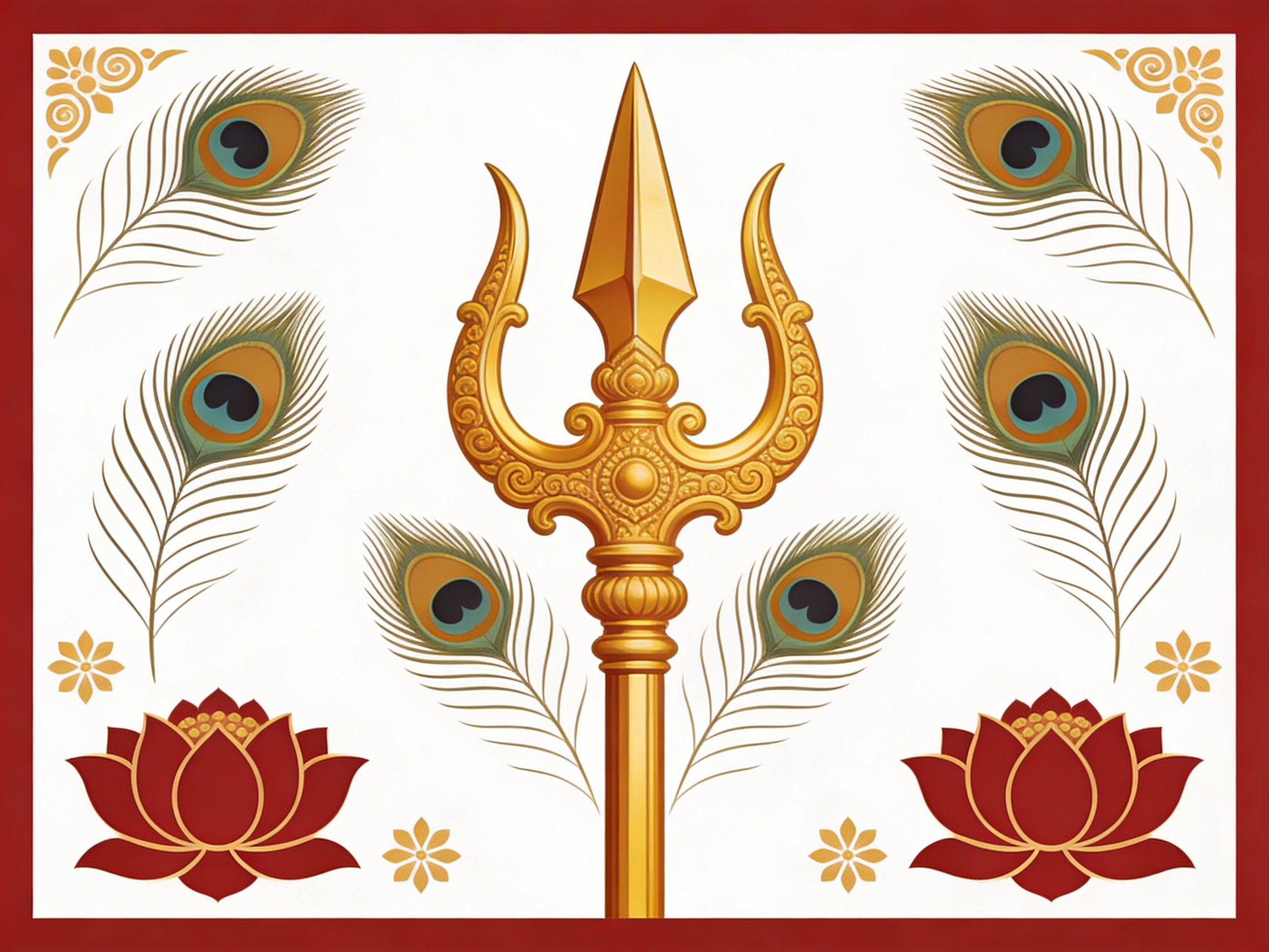 The divine Vel spear of Lord Murugan illustrated with ornate gold detailing and peacock feather motifs in traditional Tamil devotional art style