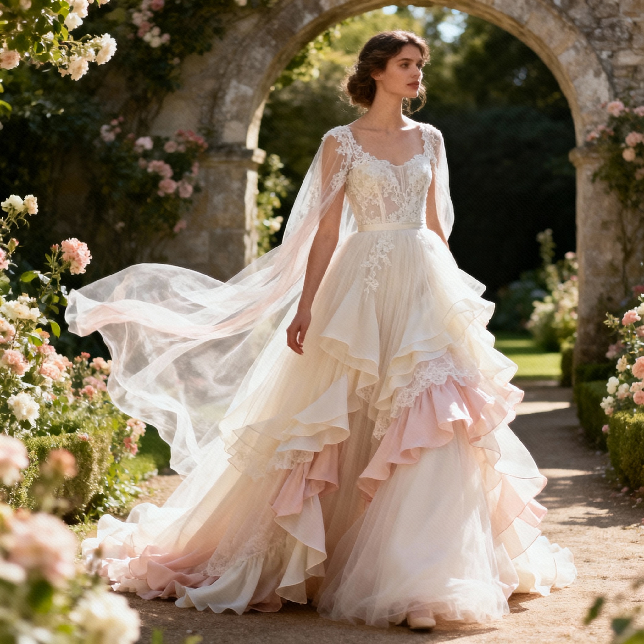 Romantic wedding dress with soft layers and sheer fabrics