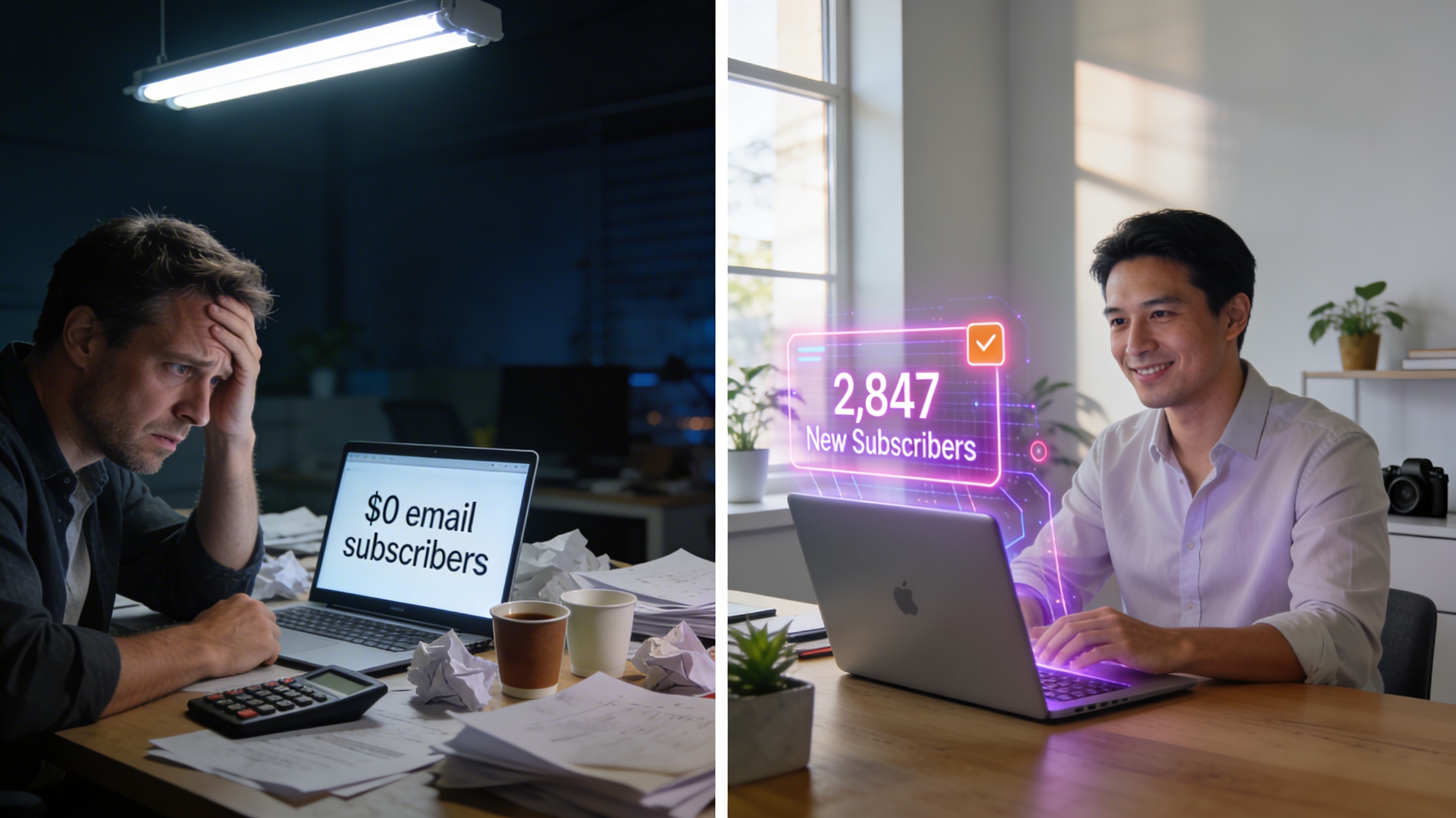 Photorealistic split-screen comparison showing stressed American business owner with $0 subscribers surrounded by bills and empty coffee cups versus successful entrepreneur with AI dashboard displaying 2,847 new subscribers in clean modern office with natural sunlight
